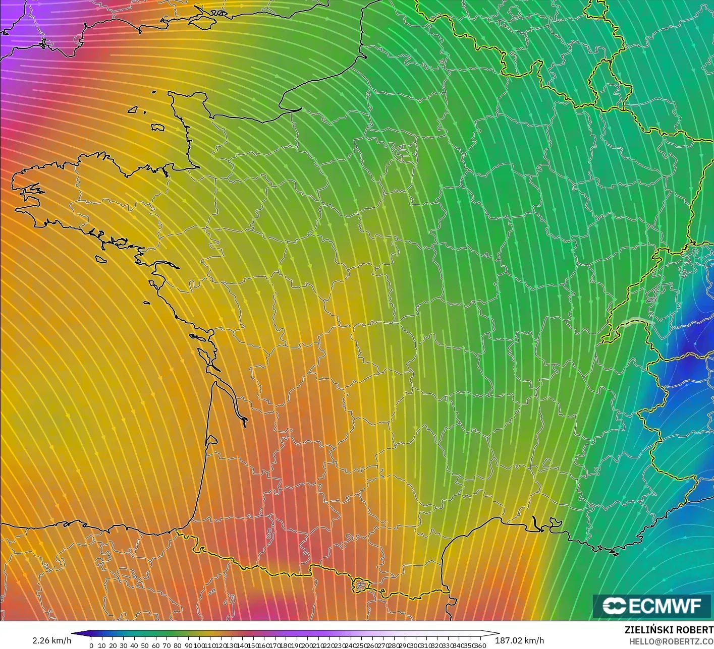 ECMWF IFS 0,25° modelo - França, Vento a 300 hPa (corrente em jato)