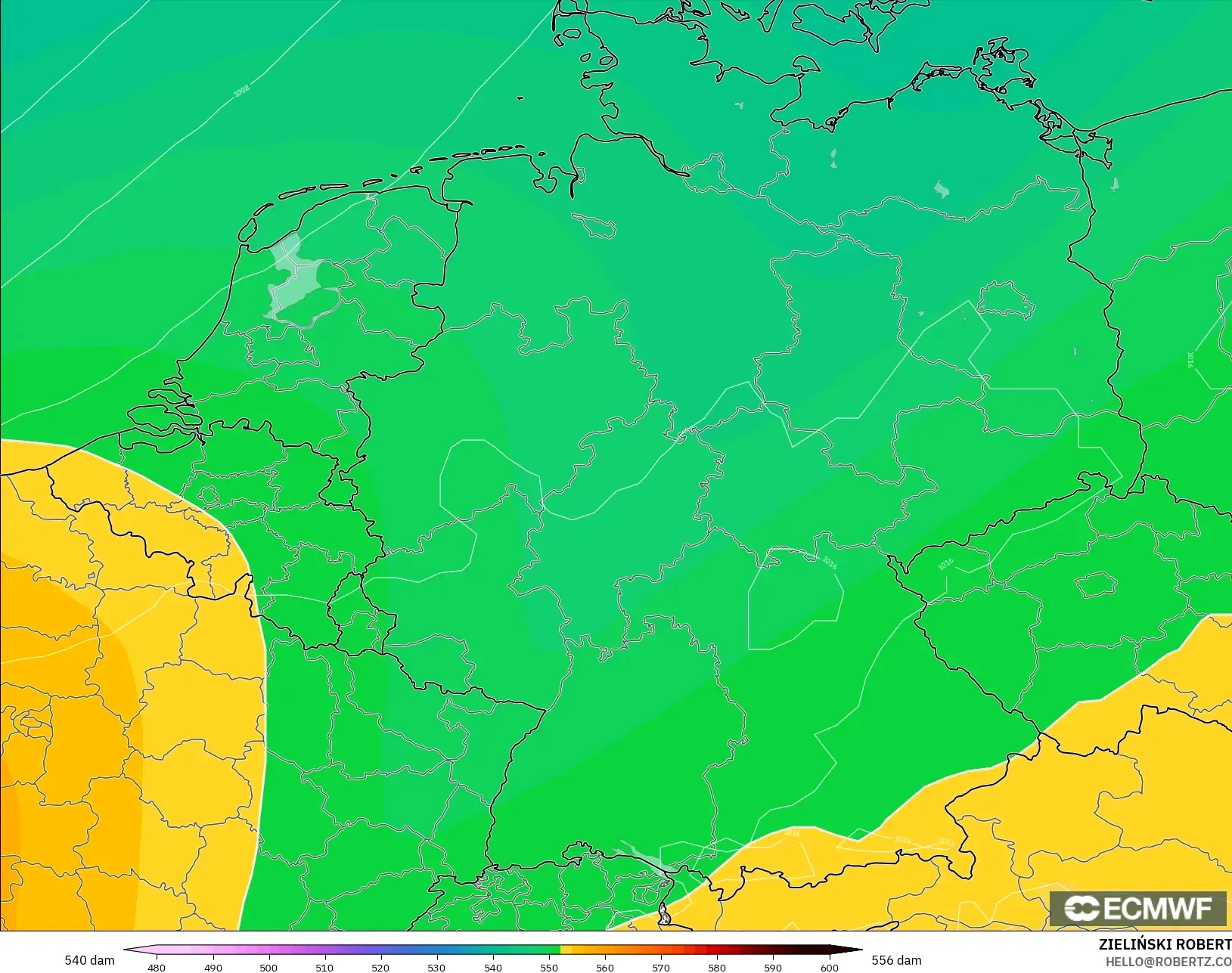 ECMWF IFS 0,25° modelo - Alemanha, Altura geopotencial a 500 hPa