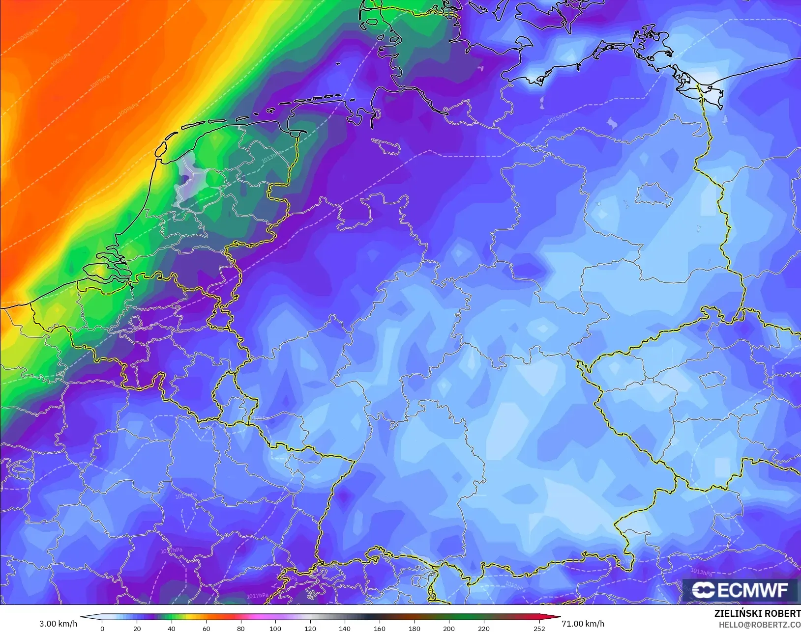 ECMWF IFS 0,25° modelo - Alemanha, Rajadas de Vento Máximas