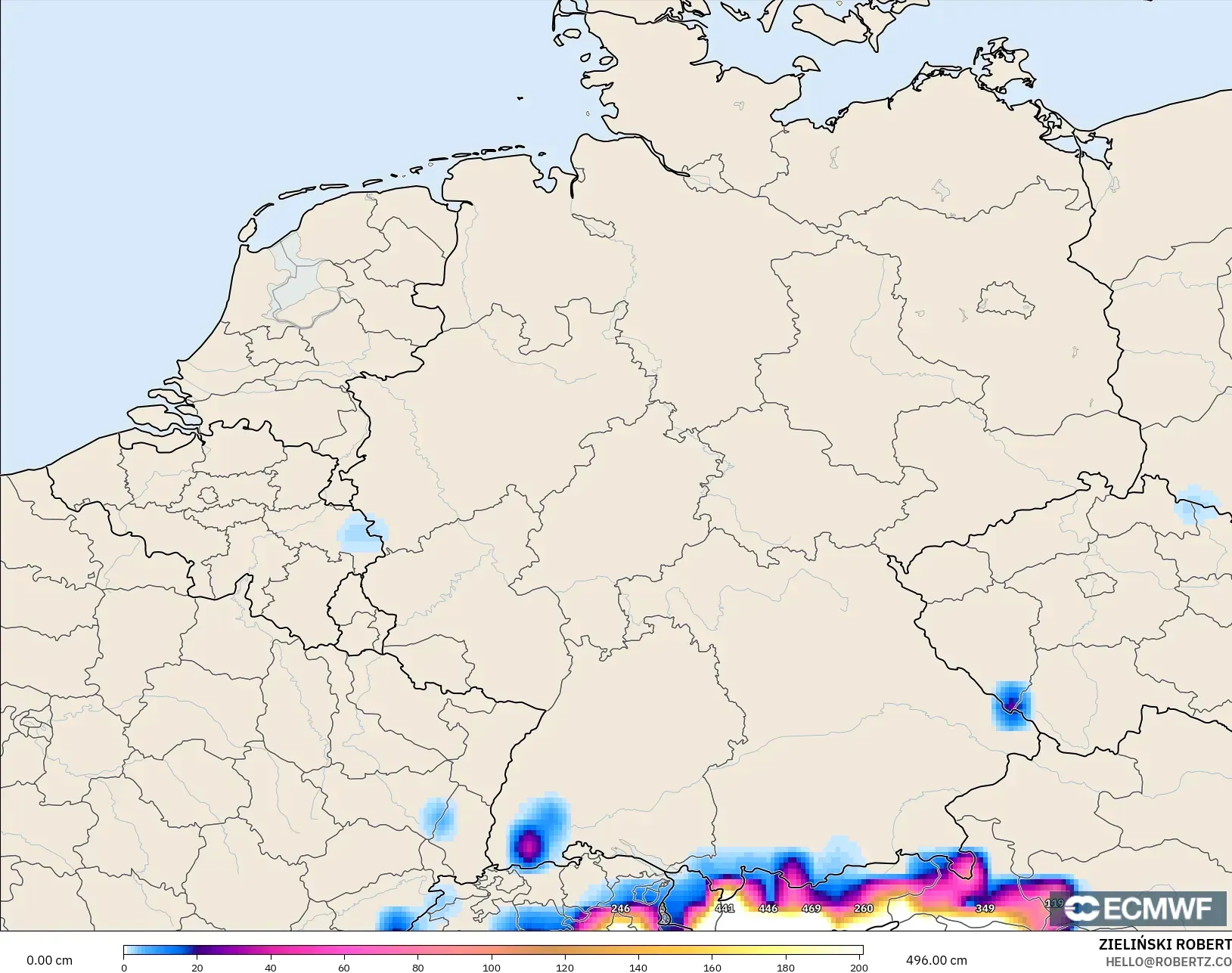 ECMWF IFS 0,25° modelo - Alemanha, Profundidade da neve