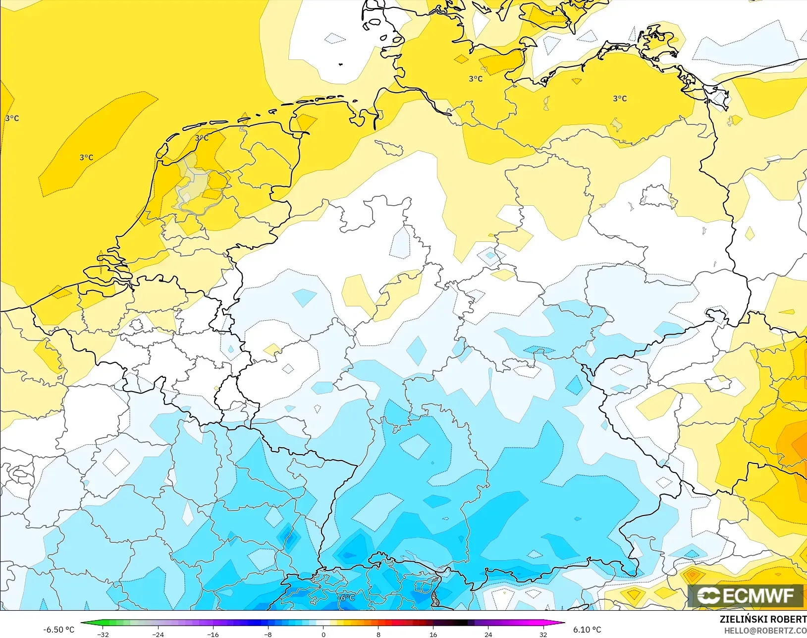 ECMWF IFS 0,25° modelo - Alemanha, Anomalia de temperatura a 2 m