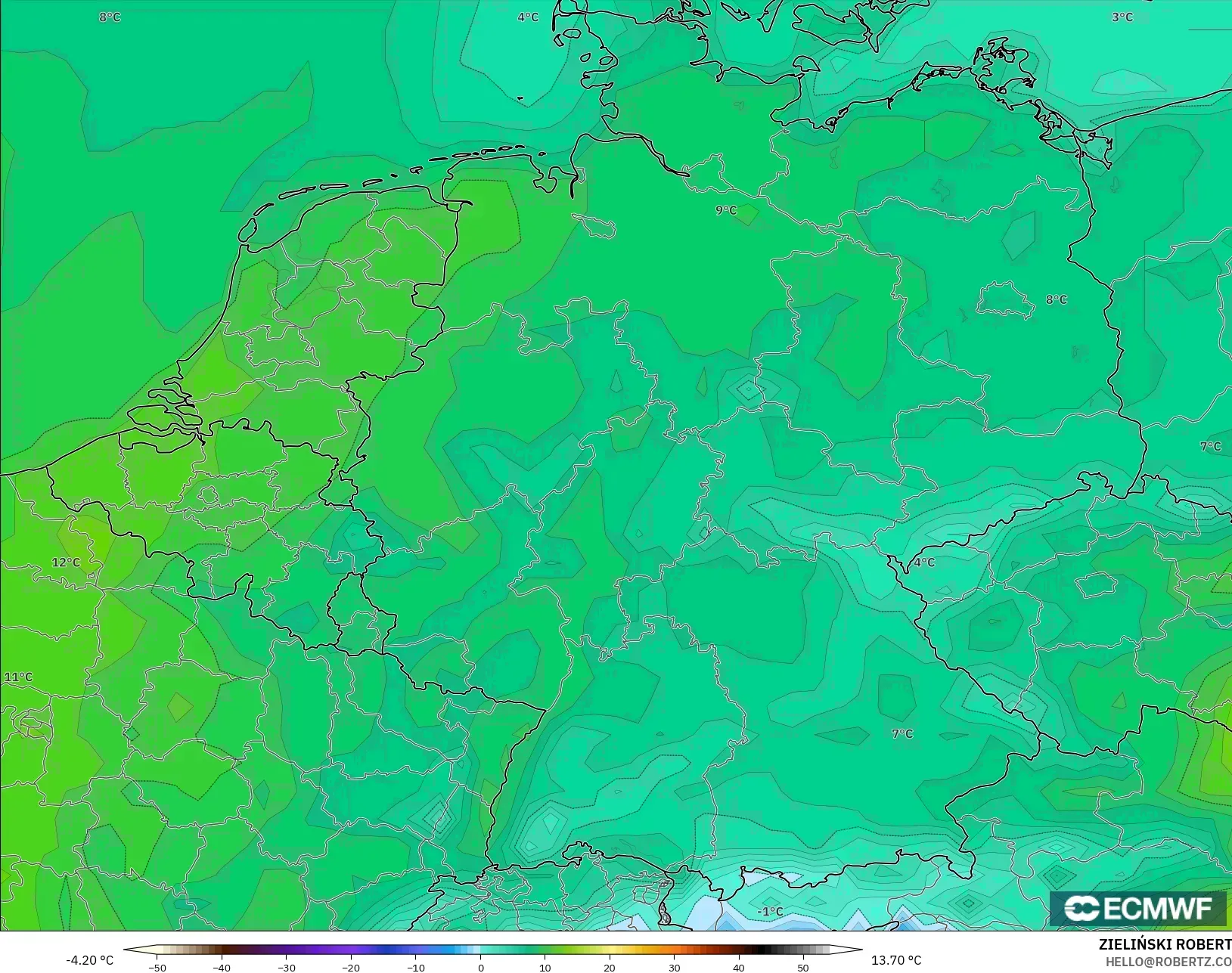 ECMWF IFS 0,25° modelo - Alemanha, Temperatura a 2 m