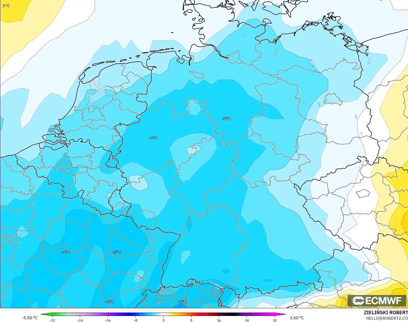 ECMWF IFS 0,25° modelo - Alemanha, Anomalia de temperatura a 850 hPa