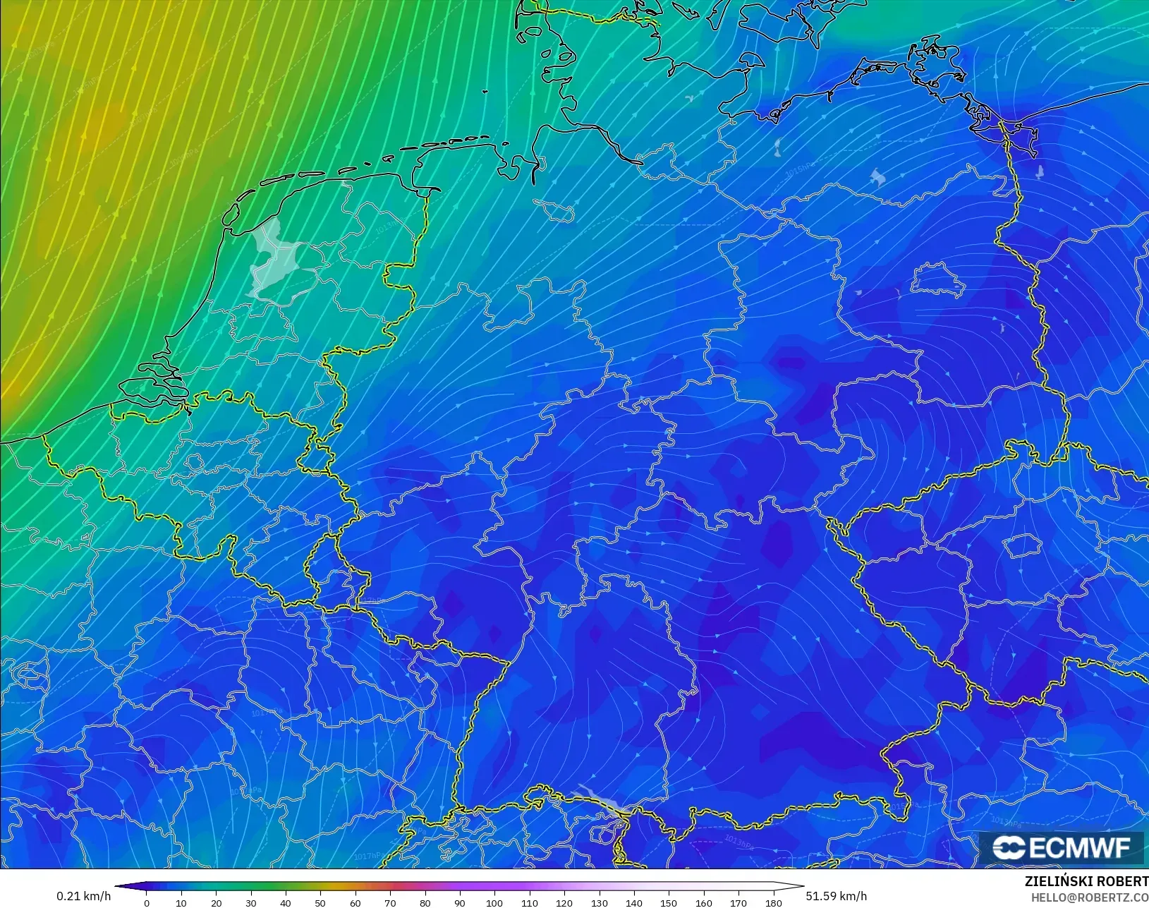 ECMWF IFS 0,25° modelo - Alemanha, Vento a 10 m