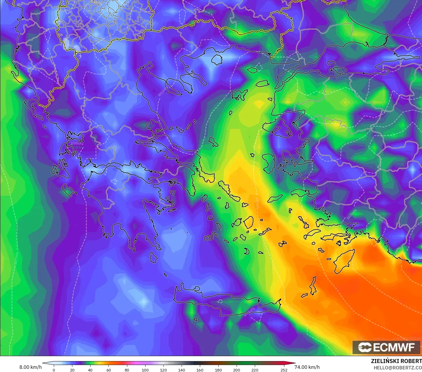 ECMWF IFS 0,25° modelo - Grécia, Rajadas de vento