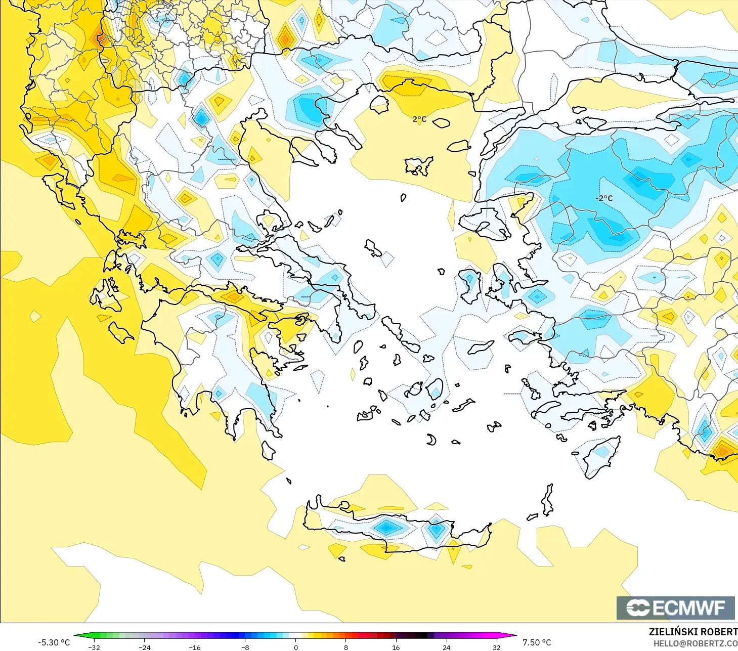 ECMWF IFS 0,25° modelo - Grécia, Anomalia de temperatura a 2 m