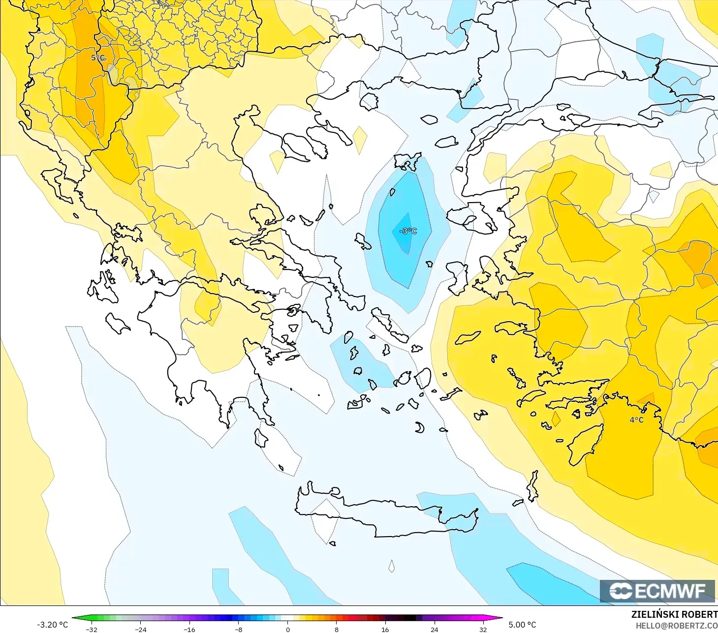 ECMWF IFS 0,25° modelo - Grécia, Anomalia de temperatura a 850 hPa