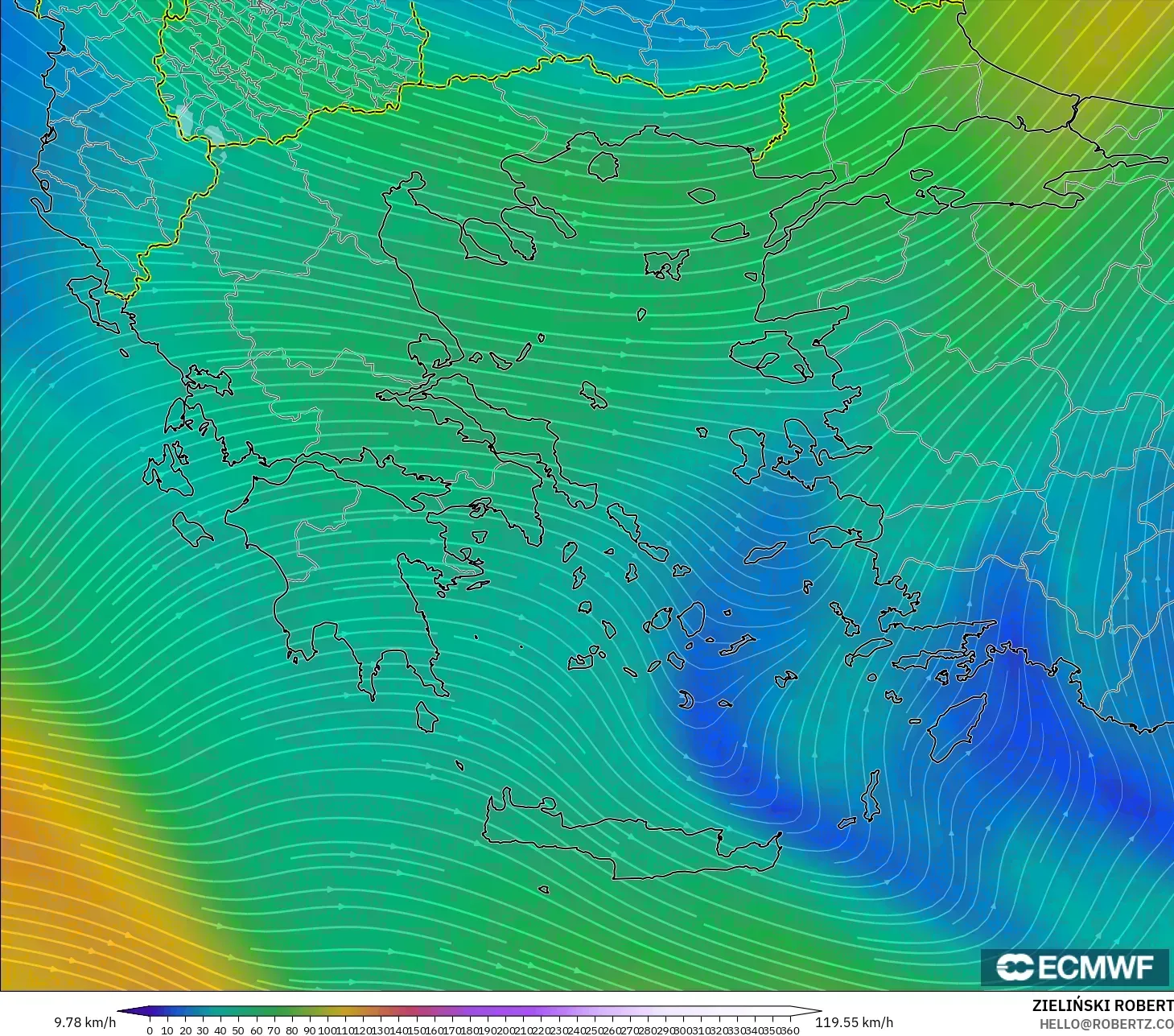 ECMWF IFS 0,25° modelo - Grécia, Vento a 300 hPa (corrente em jato)