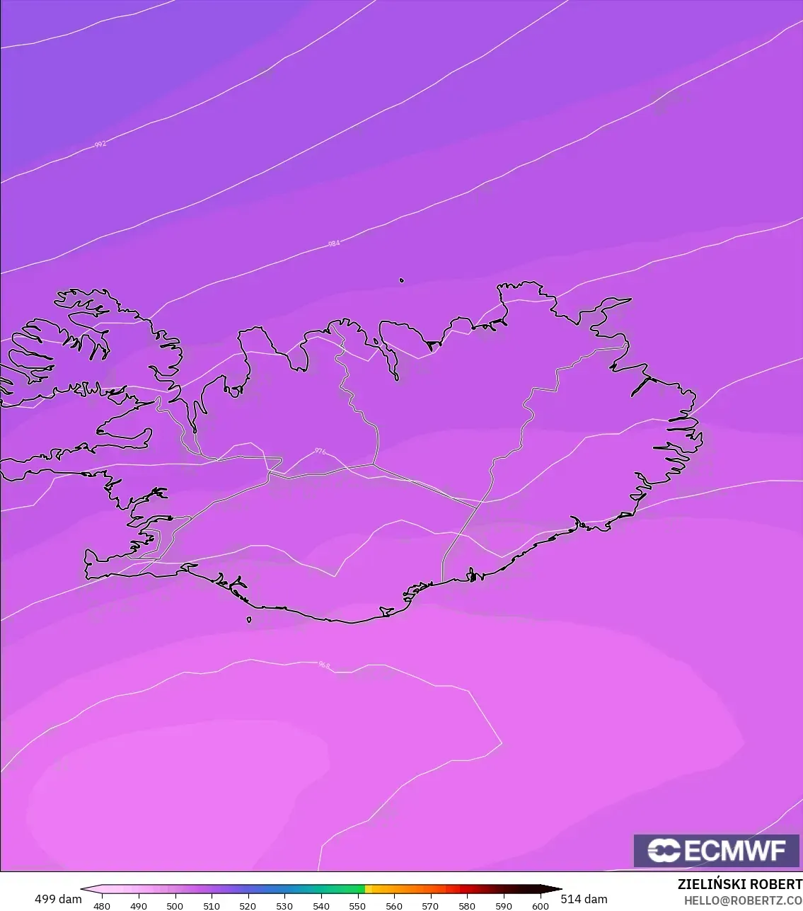 ECMWF IFS 0,25° modelo - Islândia, Altura geopotencial a 500 hPa