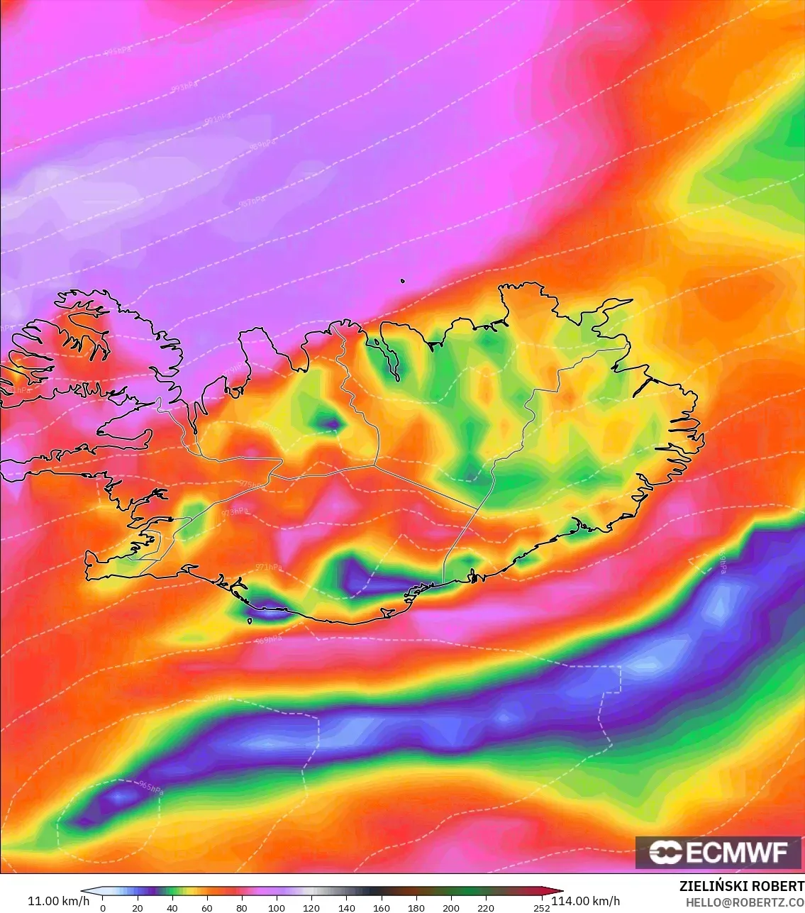 ECMWF IFS 0,25° modelo - Islândia, Rajadas de Vento Máximas