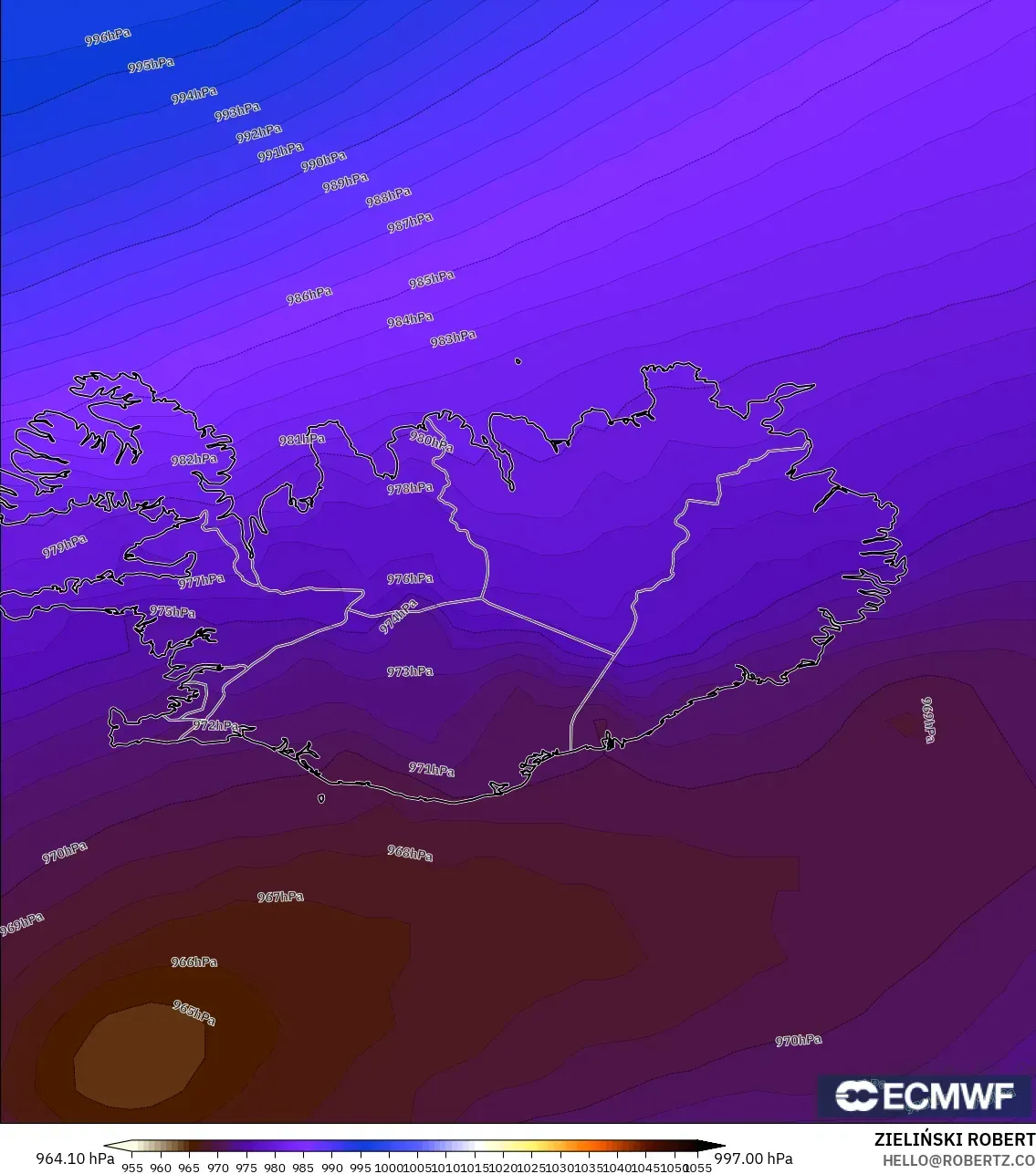 ECMWF IFS 0,25° modelo - Islândia, Pressão