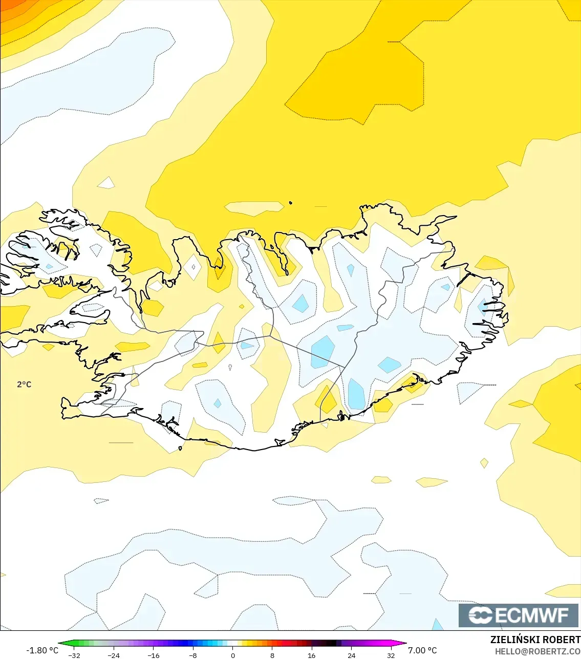 ECMWF IFS 0,25° modelo - Islândia, Anomalia de temperatura a 2 m