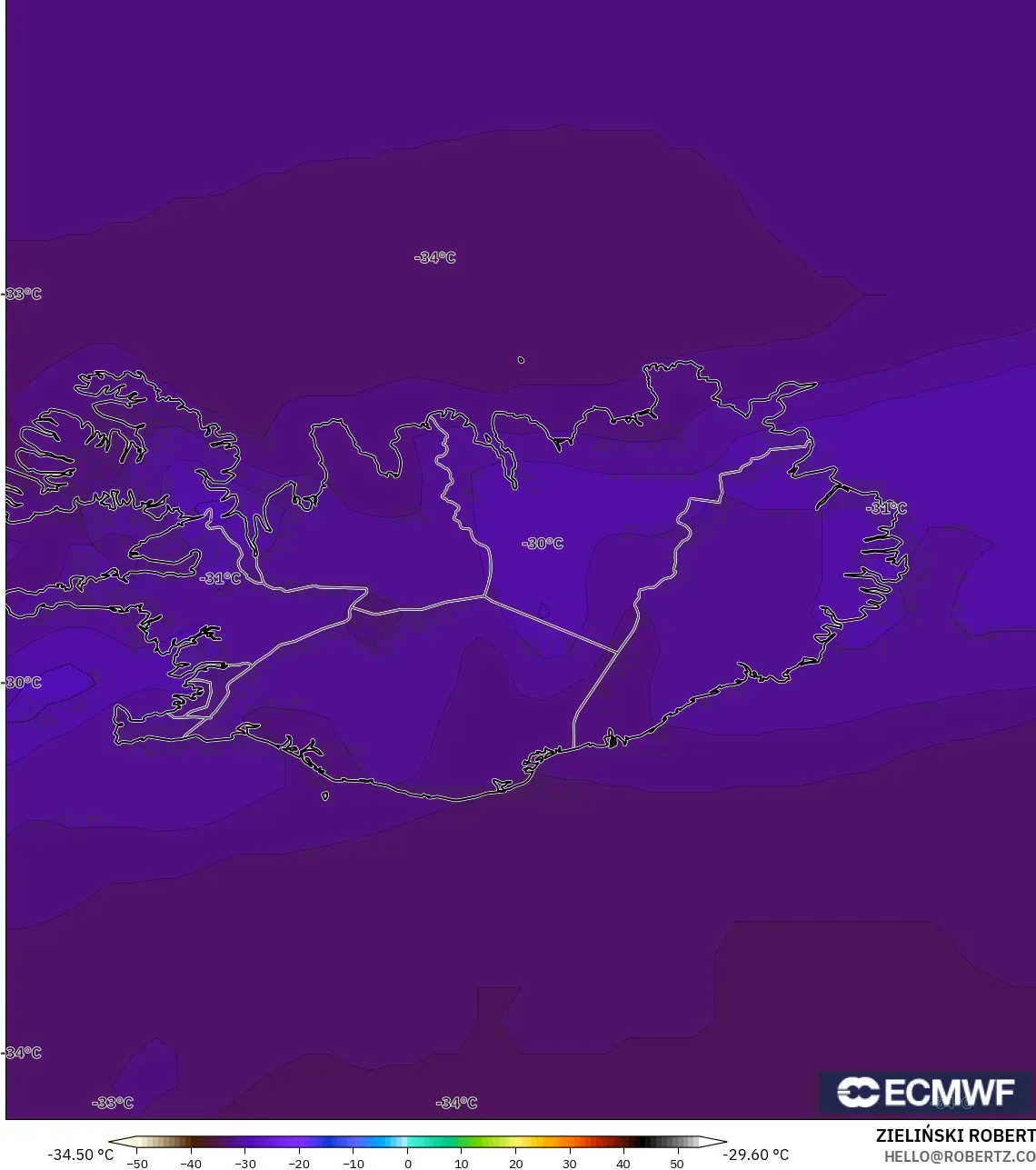 ECMWF IFS 0,25° modelo - Islândia, Temperatura a 500 hPa