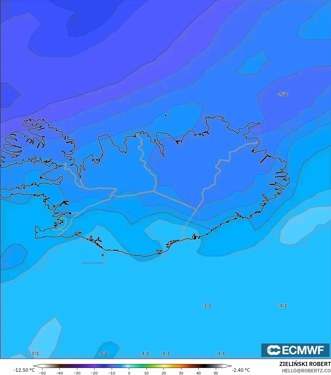 ECMWF IFS 0,25° modelo - Islândia, Temperatura a 850 hPa