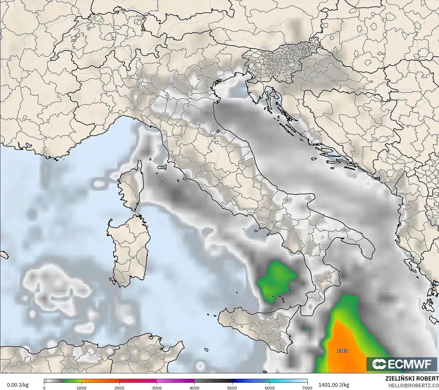 ECMWF IFS 0,25° modelo - Itália, CAPE
