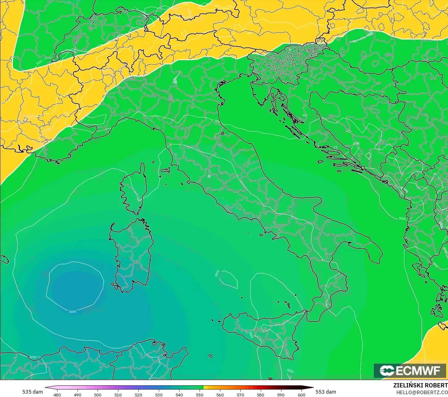 ECMWF IFS 0,25° modelo - Itália, Altura geopotencial a 500 hPa