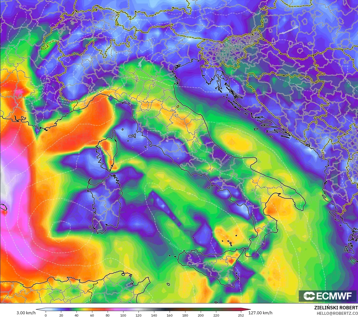 ECMWF IFS 0,25° modelo - Itália, Rajadas de Vento Máximas