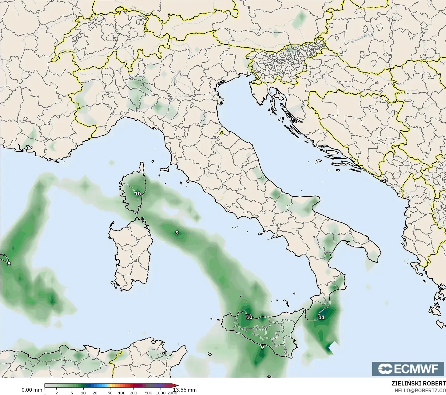 ECMWF IFS 0,25° modelo - Itália, Acúmulo de precipitação