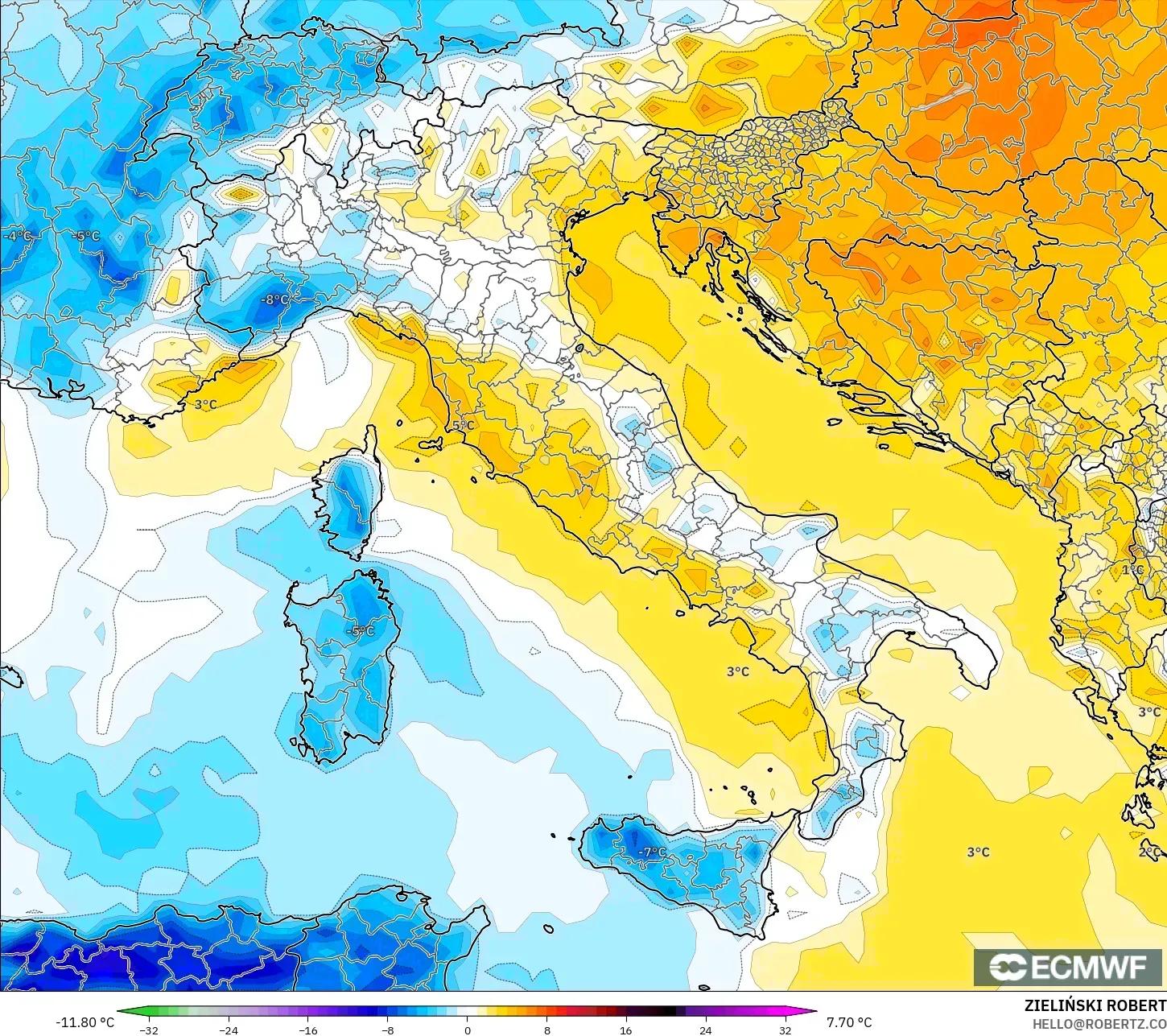 ECMWF IFS 0,25° modelo - Itália, Anomalia de temperatura a 2 m
