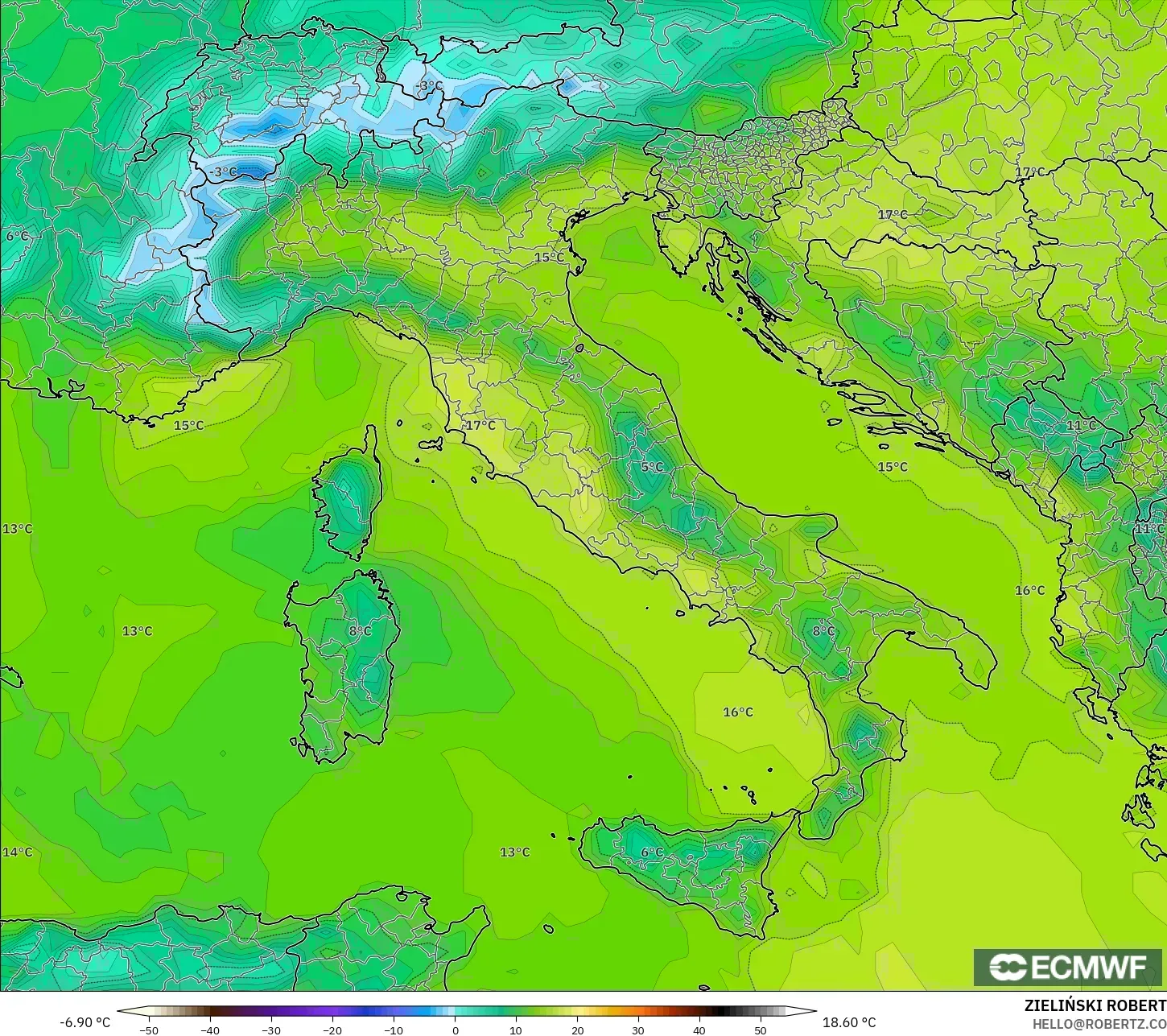 ECMWF IFS 0,25° modelo - Itália, Temperatura a 2 m