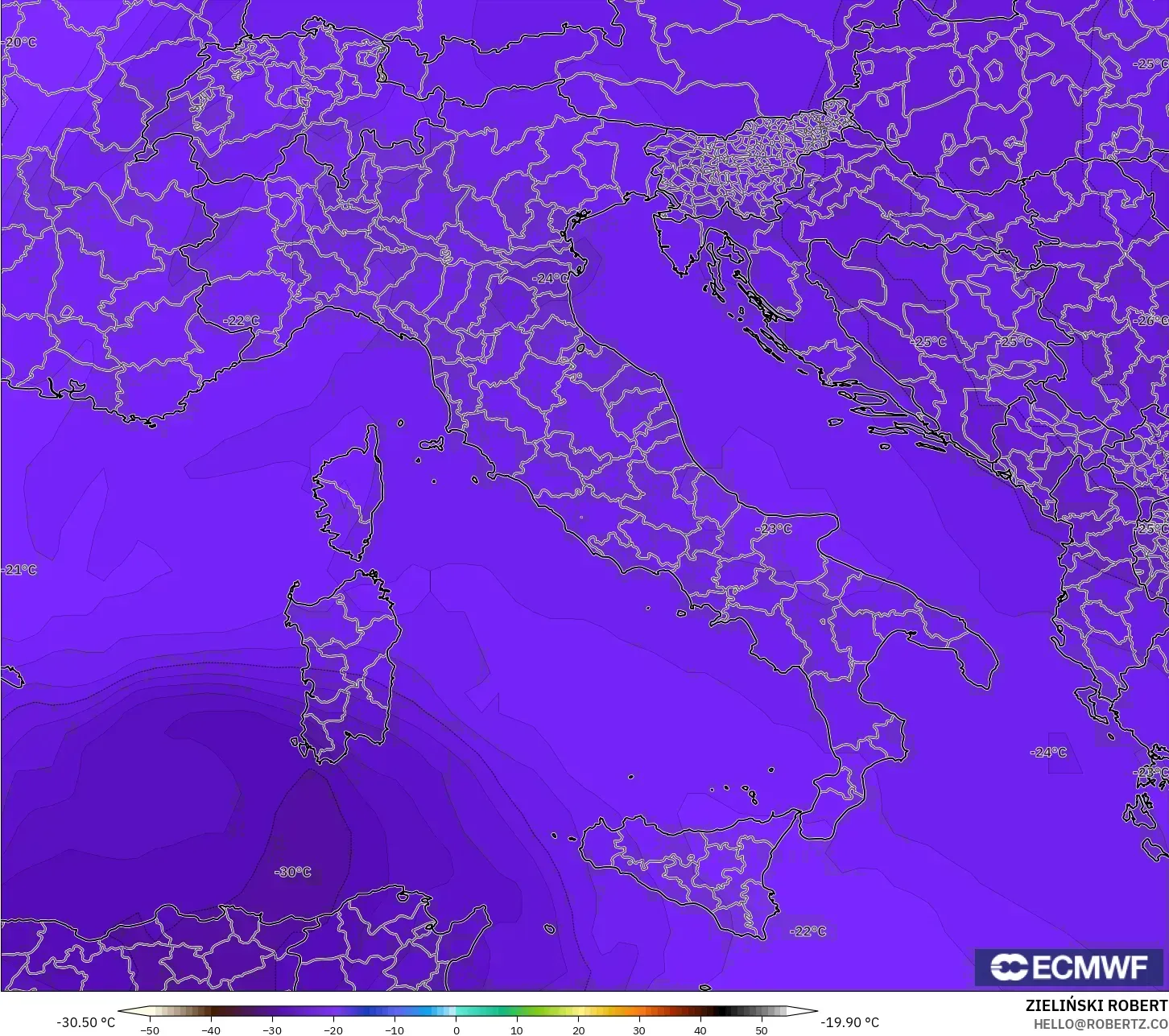 ECMWF IFS 0,25° modelo - Itália, Temperatura a 500 hPa