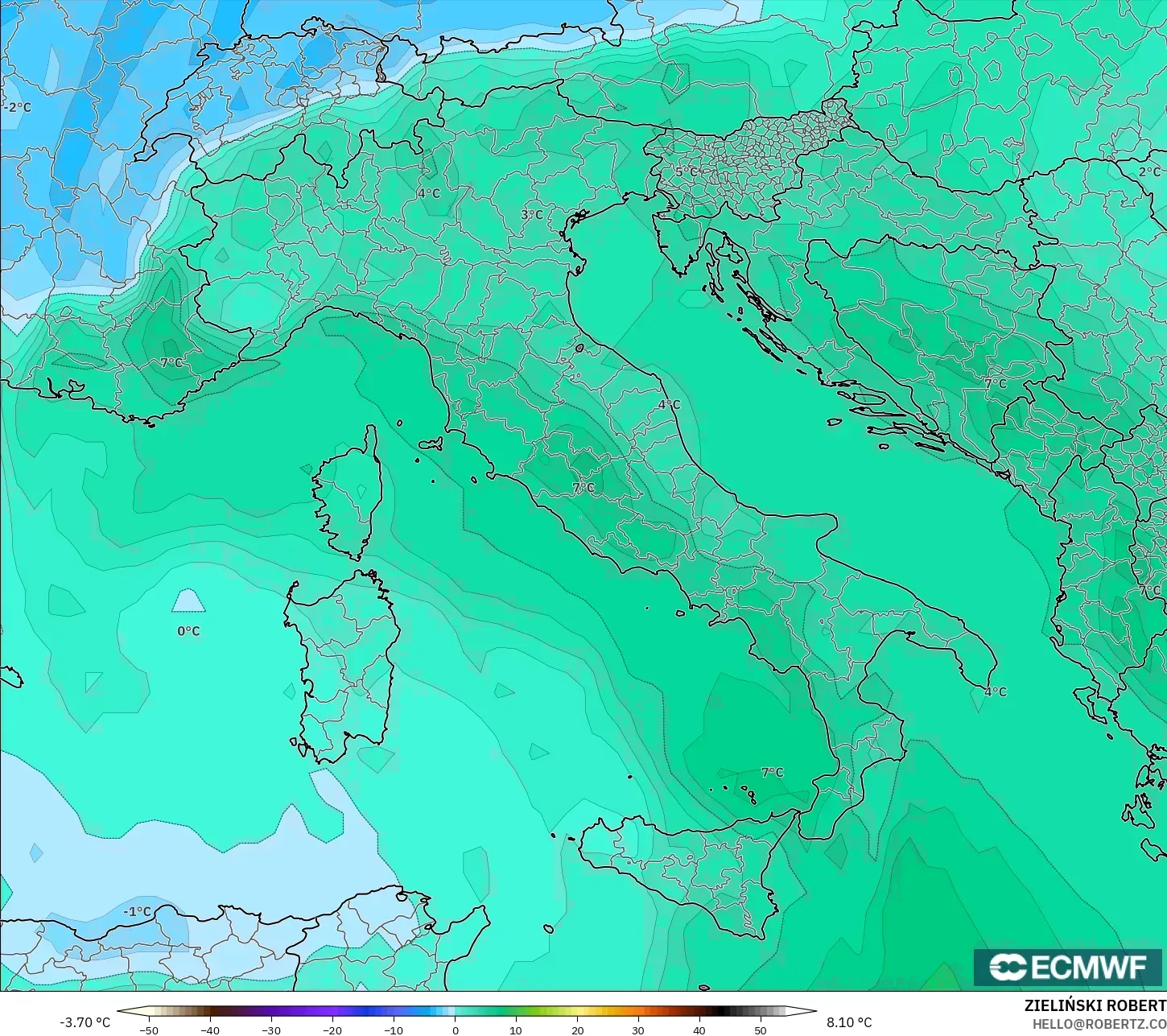 ECMWF IFS 0,25° modelo - Itália, Temperatura a 850 hPa