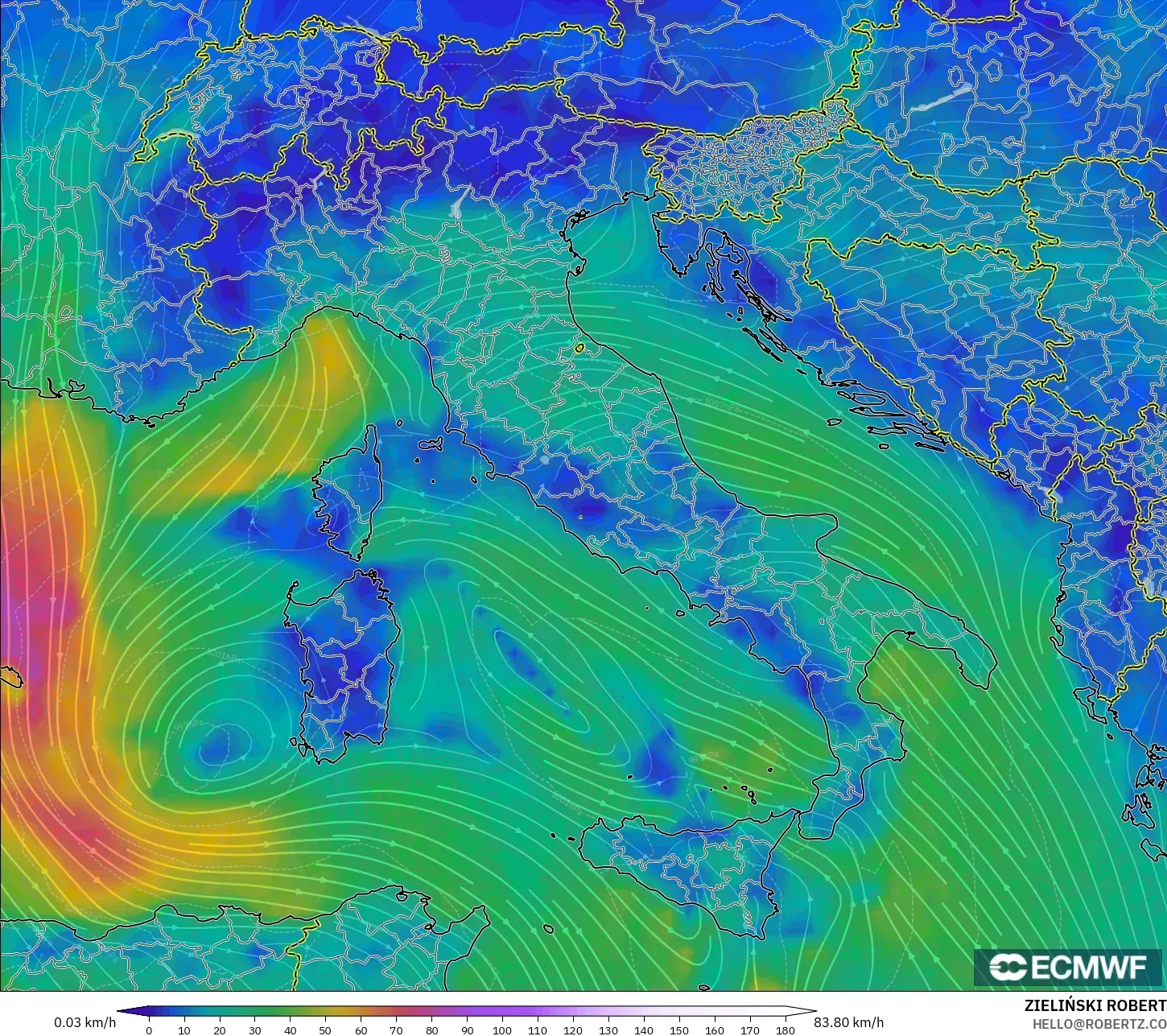 ECMWF IFS 0,25° modelo - Itália, Vento a 10 m