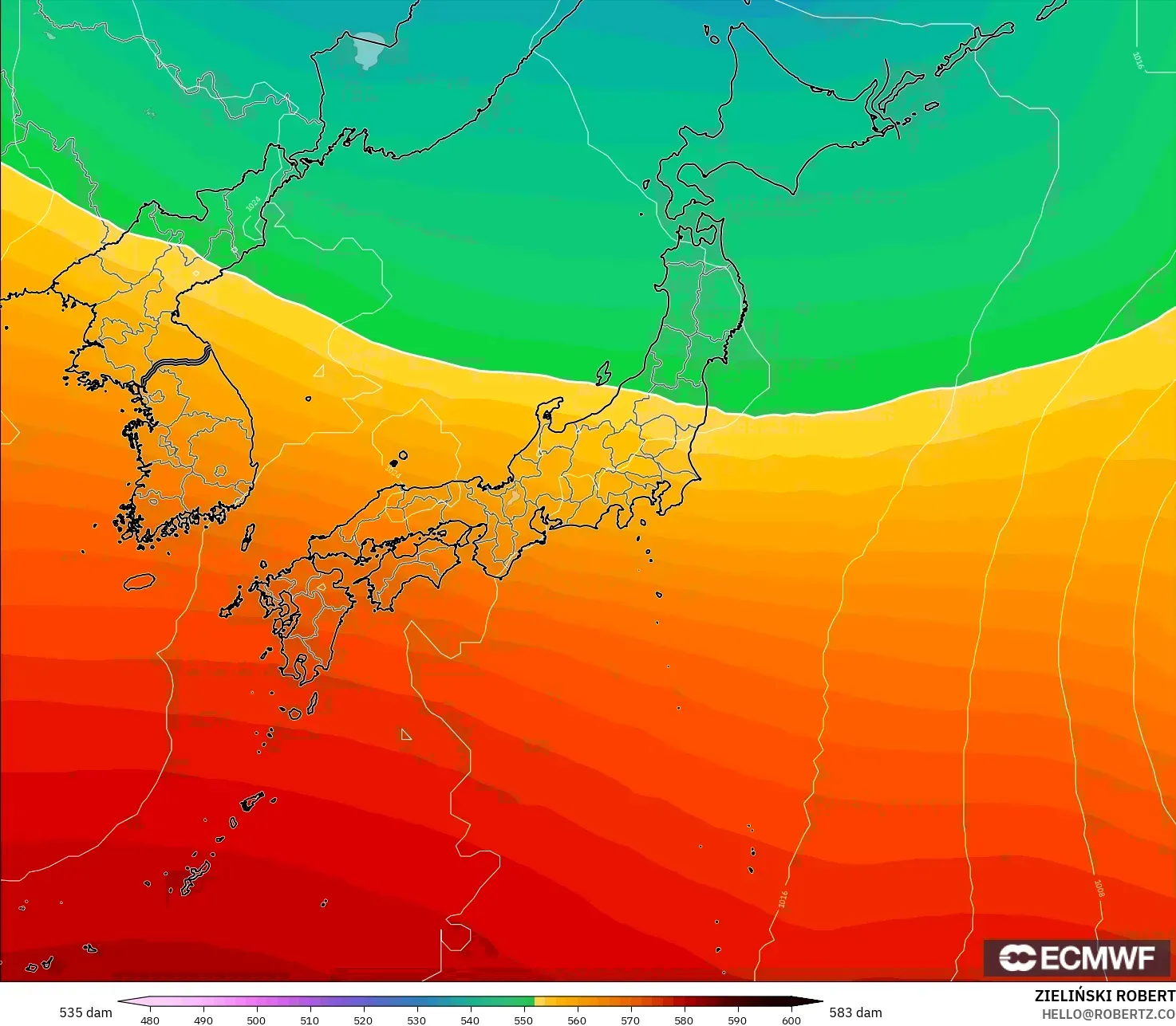 ECMWF IFS 0,25° modelo - Japão, Altura geopotencial a 500 hPa