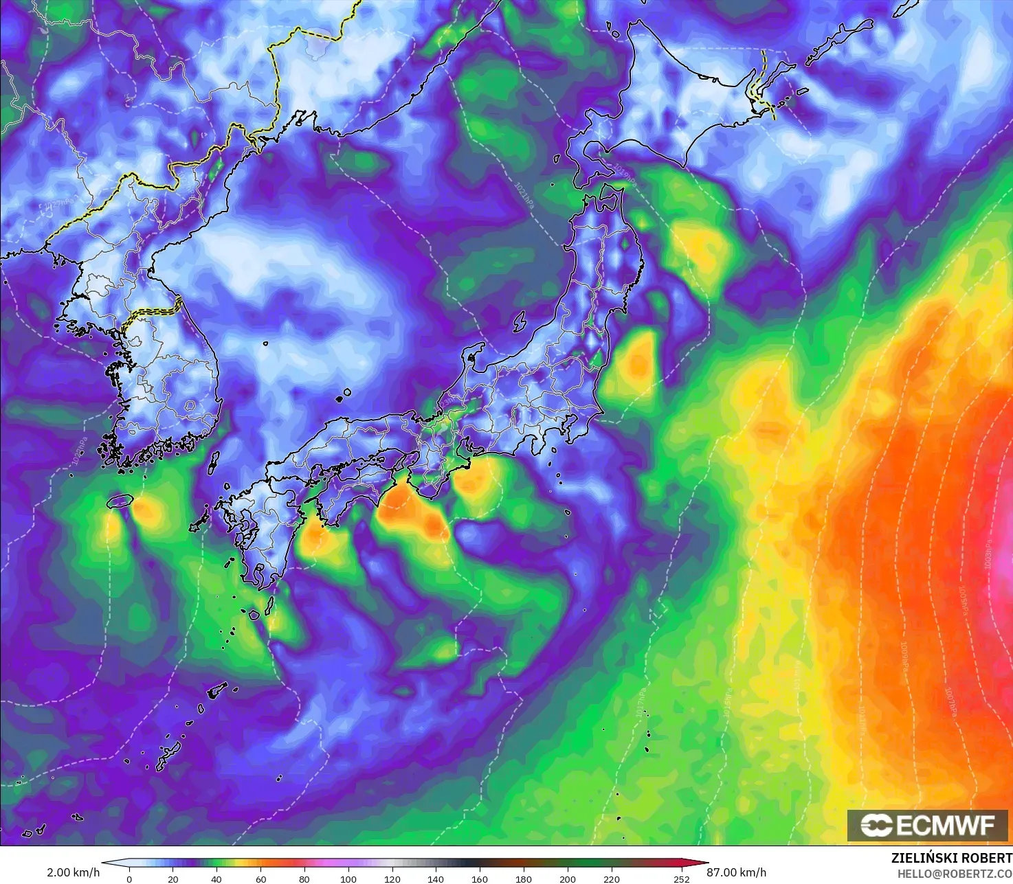 ECMWF IFS 0,25° modelo - Japão, Rajadas de vento