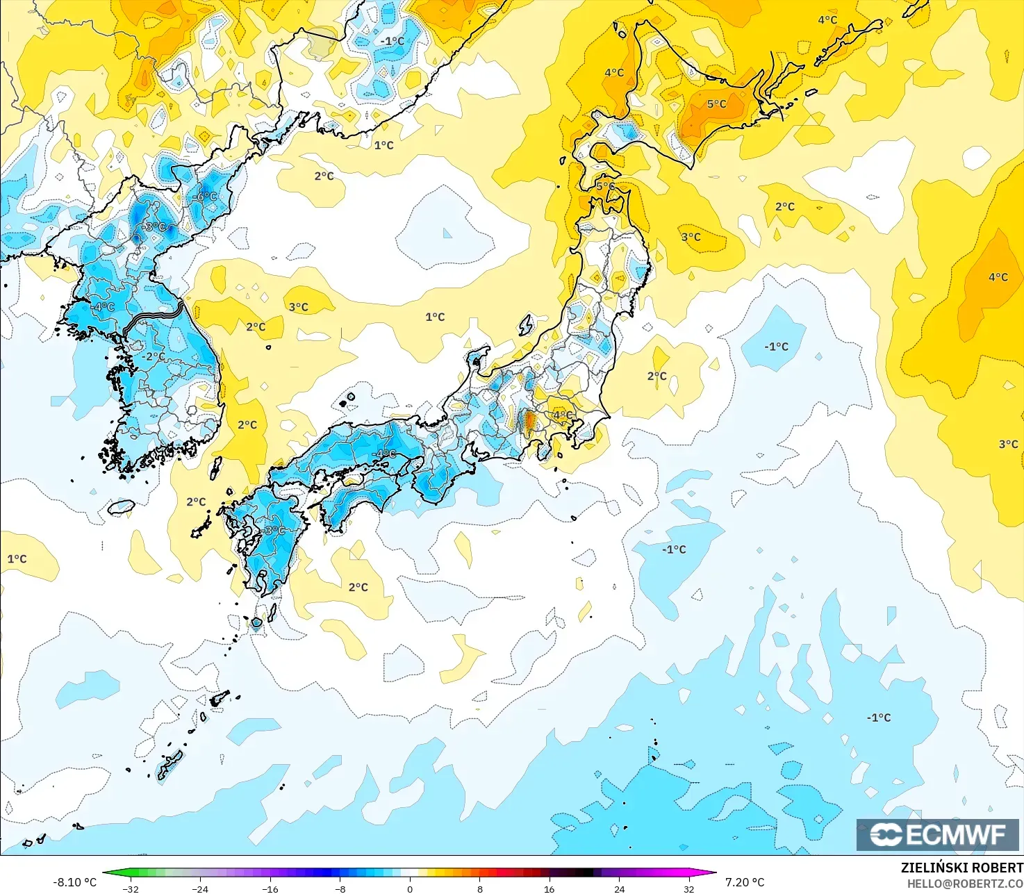ECMWF IFS 0,25° modelo - Japão, Anomalia de temperatura a 2 m
