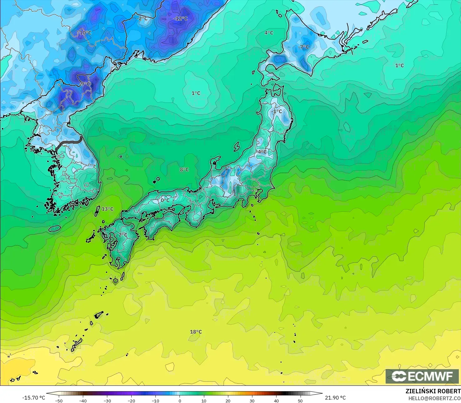 ECMWF IFS 0,25° modelo - Japão, Temperatura a 2 m