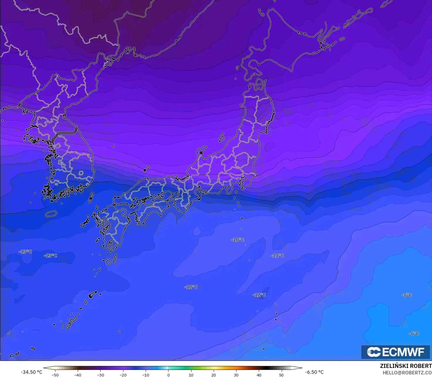 ECMWF IFS 0,25° modelo - Japão, Temperatura a 500 hPa