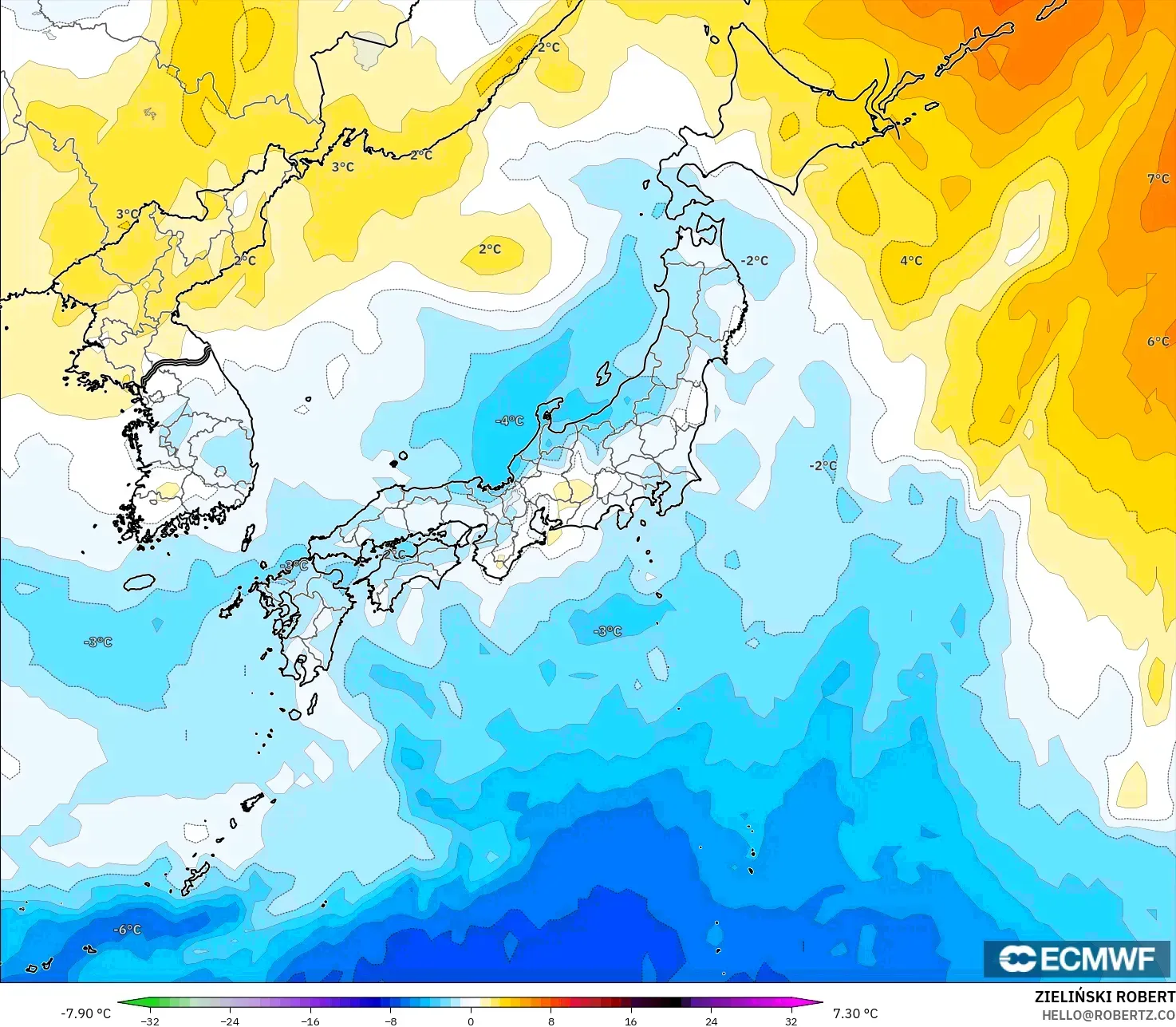 ECMWF IFS 0,25° modelo - Japão, Anomalia de temperatura a 850 hPa