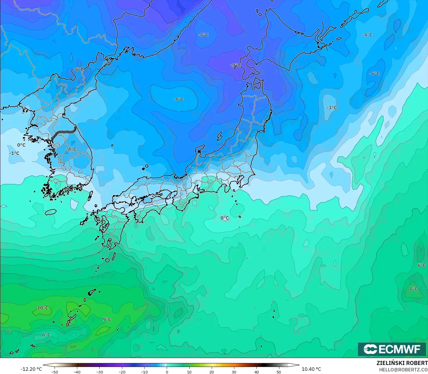 ECMWF IFS 0,25° modelo - Japão, Temperatura a 850 hPa