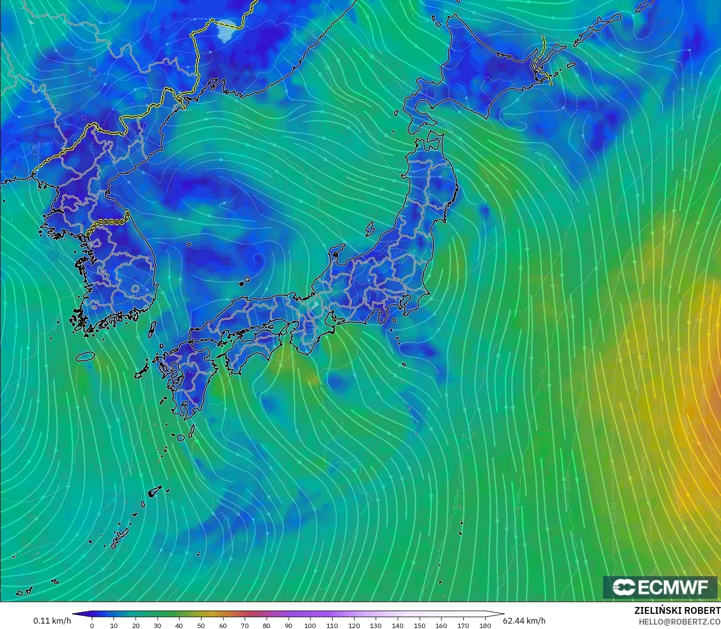ECMWF IFS 0,25° modelo - Japão, Vento a 10 m