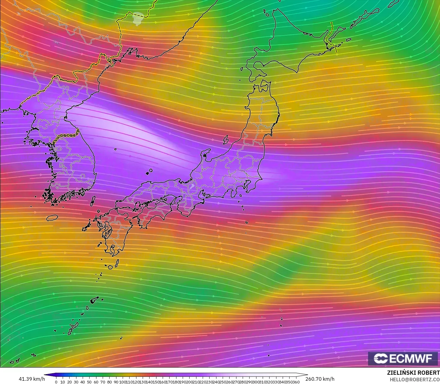 ECMWF IFS 0,25° modelo - Japão, Vento a 300 hPa (corrente em jato)