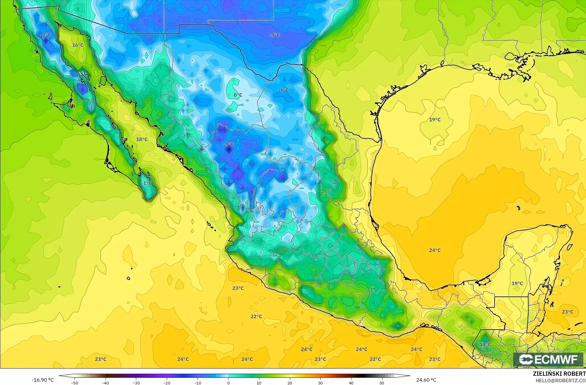 ECMWF IFS 0,25° modelo - México, Ponto de orvalho a 2 m