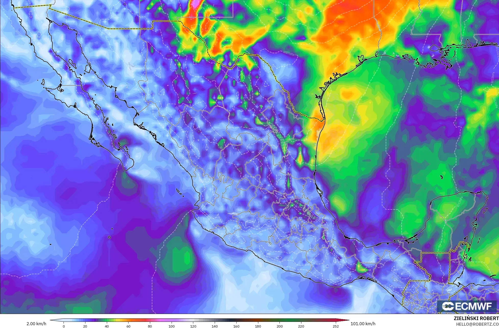 ECMWF IFS 0,25° modelo - México, Rajadas de Vento Máximas