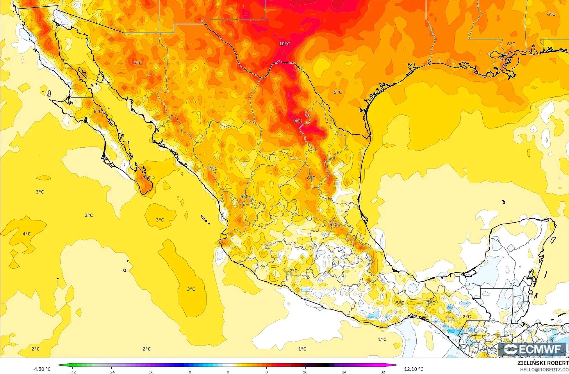 ECMWF IFS 0,25° modelo - México, Anomalia de temperatura a 2 m