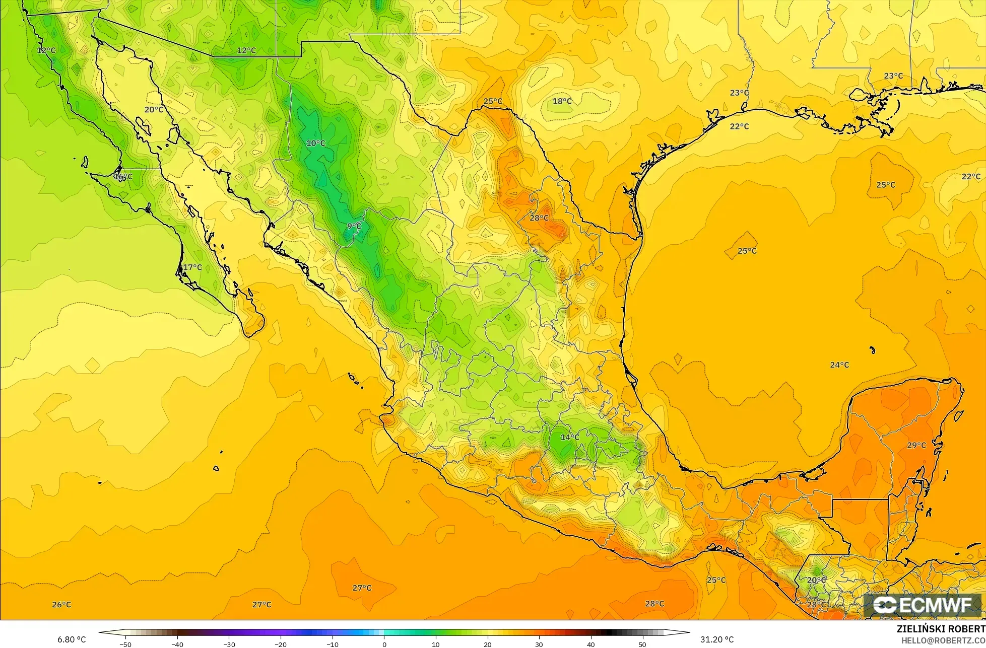 ECMWF IFS 0,25° modelo - México, Temperatura a 2 m