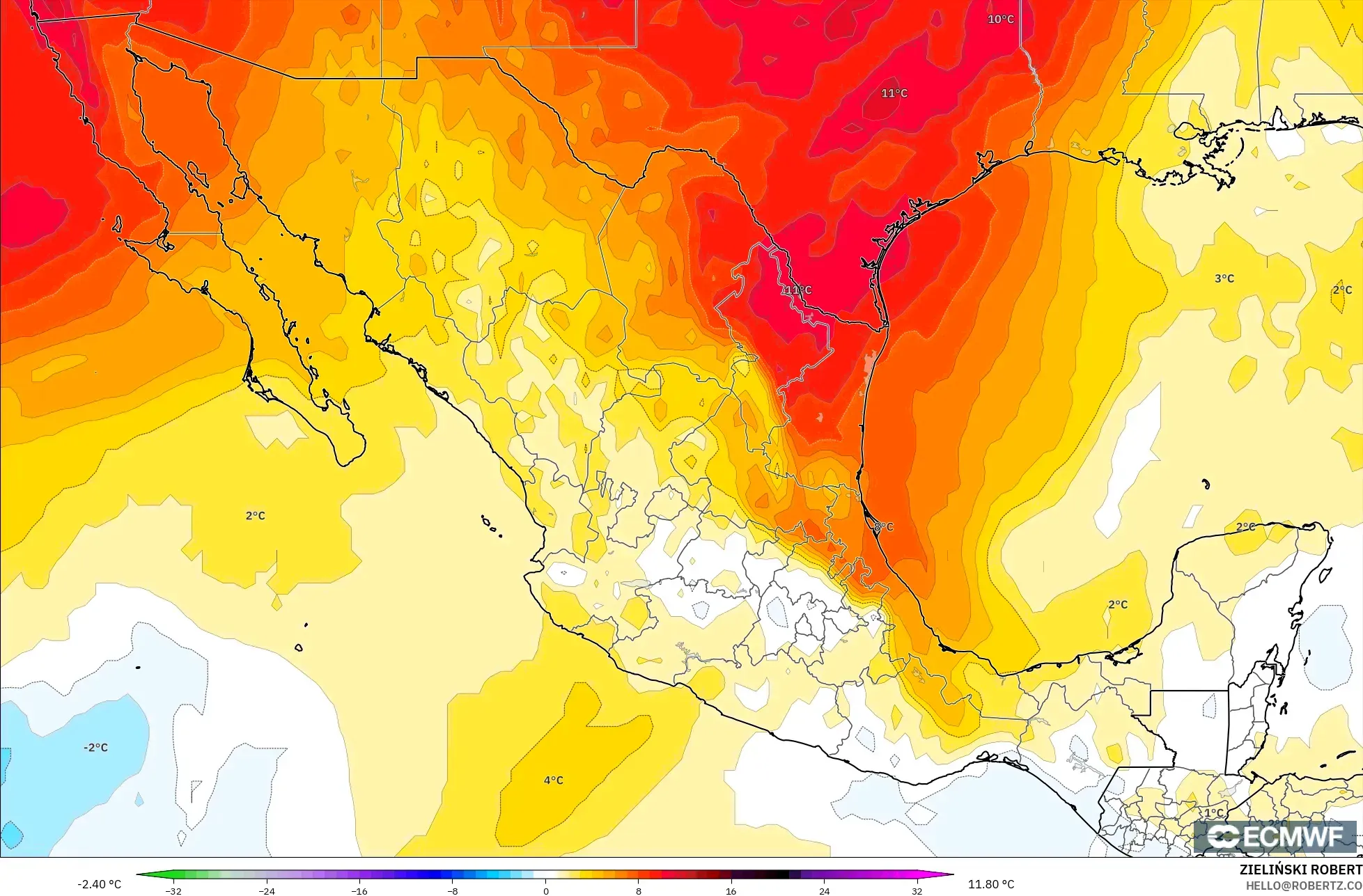 ECMWF IFS 0,25° modelo - México, Anomalia de temperatura a 850 hPa