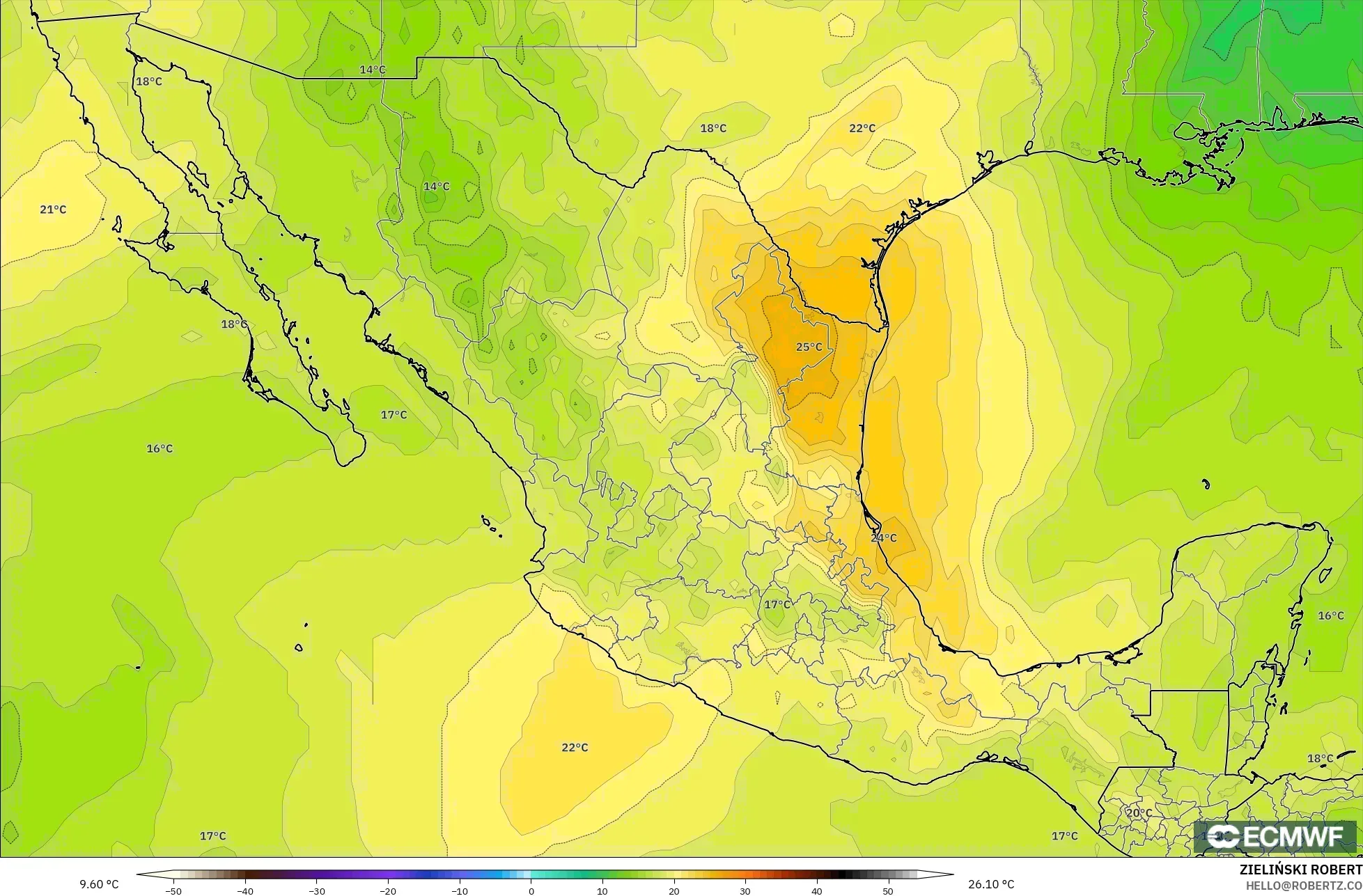 ECMWF IFS 0,25° modelo - México, Temperatura a 850 hPa