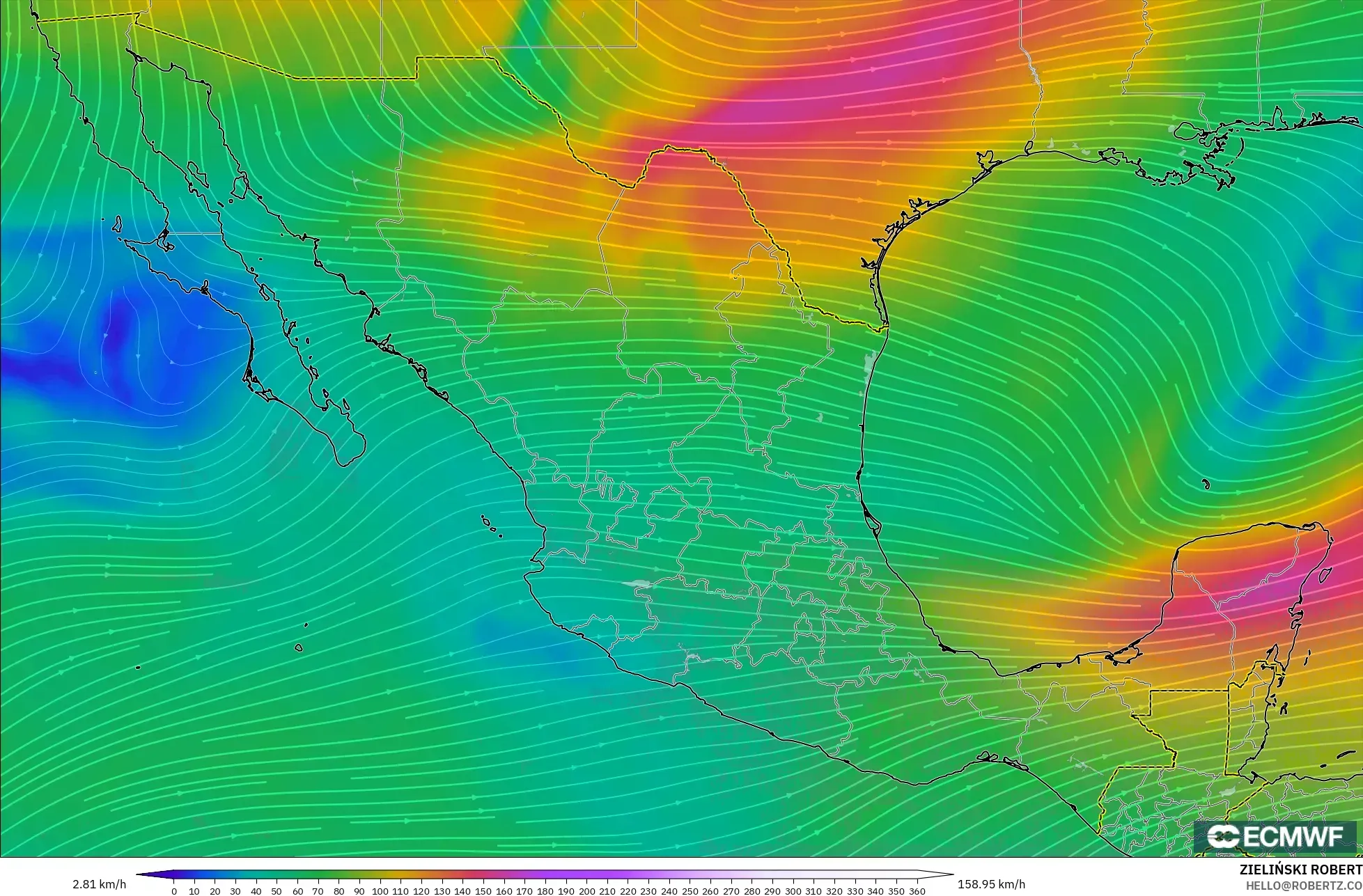 ECMWF IFS 0,25° modelo - México, Vento a 300 hPa (corrente em jato)