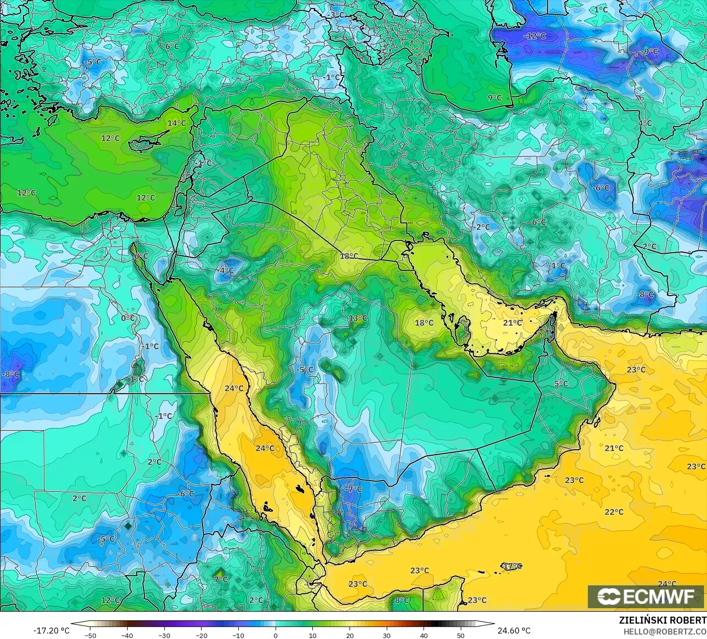 ECMWF IFS 0,25° modelo - Oriente Médio, Ponto de orvalho a 2 m