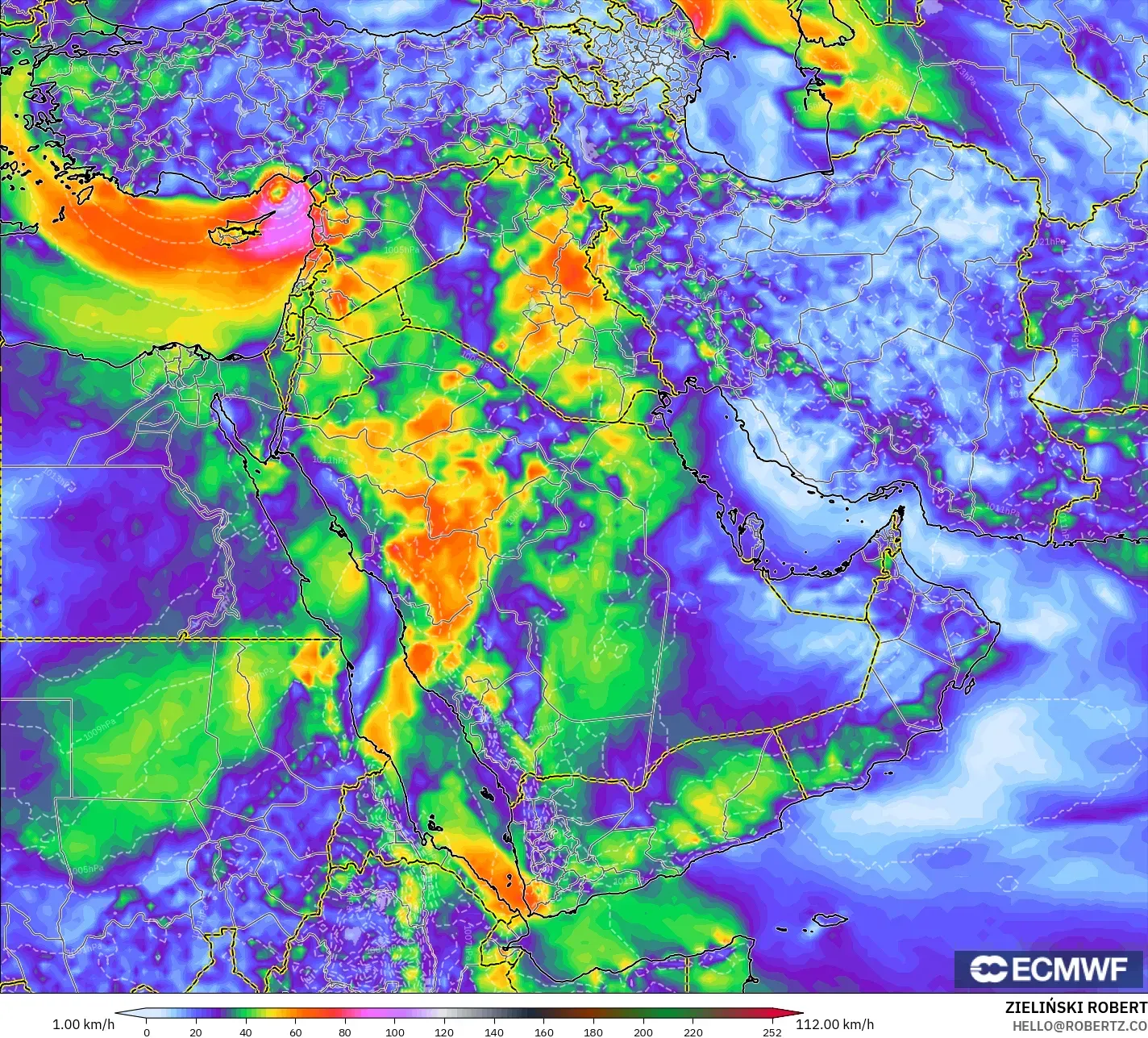 ECMWF IFS 0,25° modelo - Oriente Médio, Rajadas de vento
