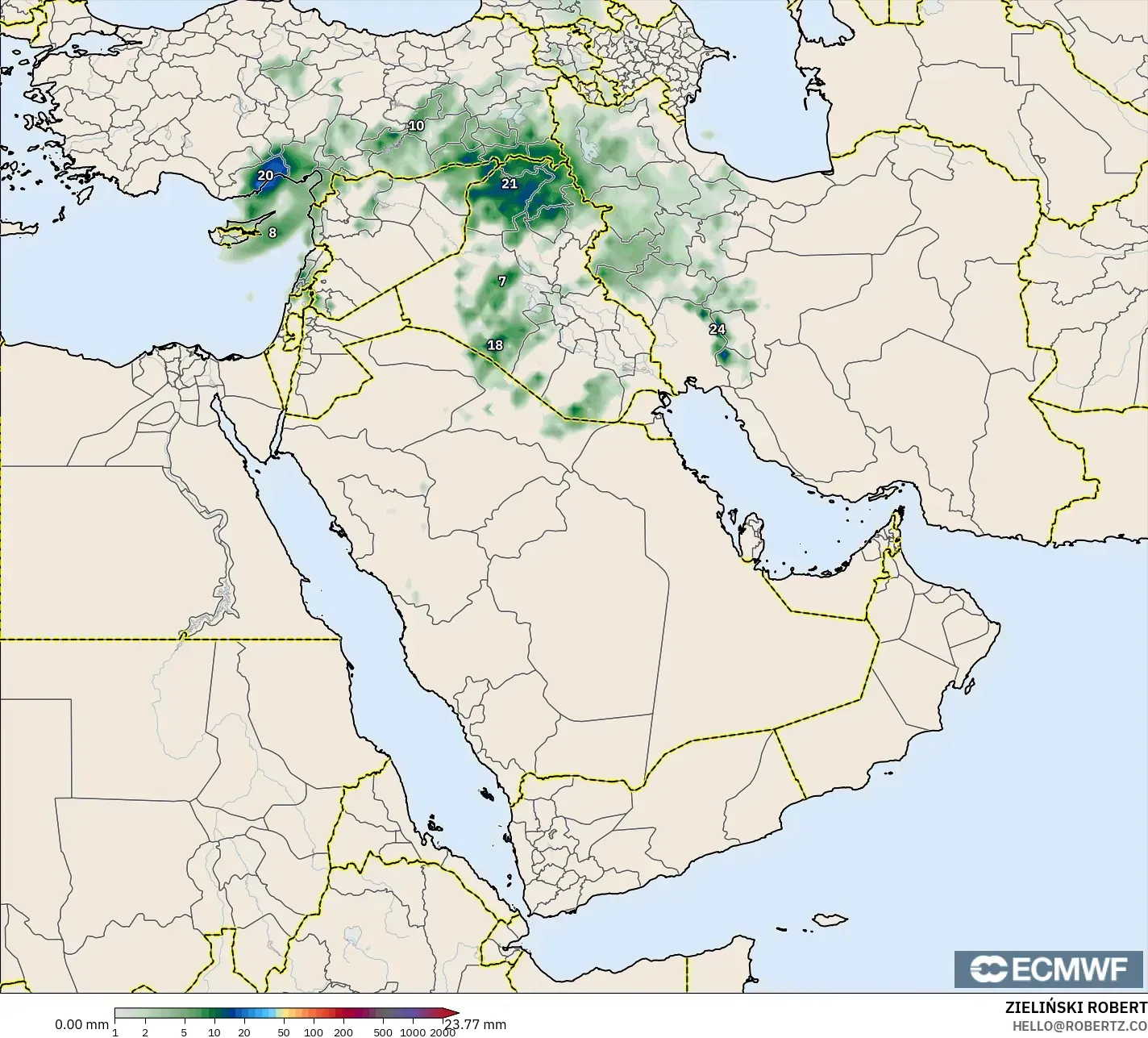 ECMWF IFS 0,25° modelo - Oriente Médio, Acúmulo de precipitação