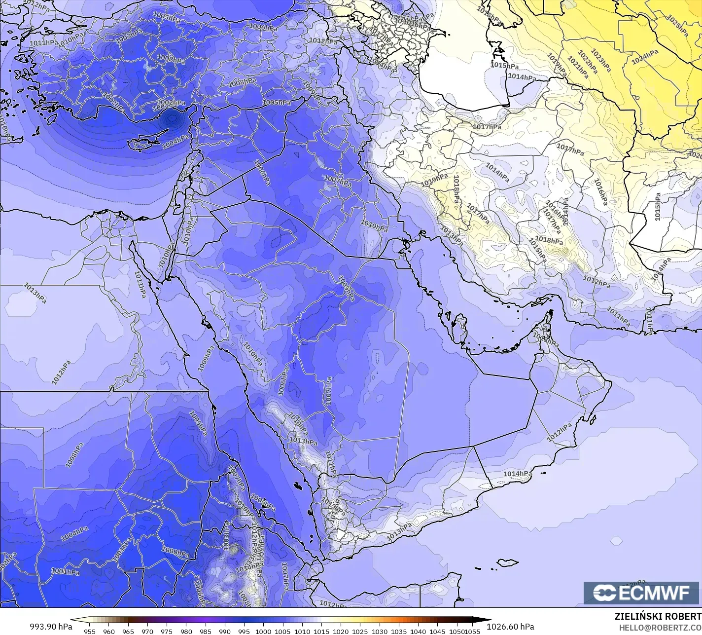 ECMWF IFS 0,25° modelo - Oriente Médio, Pressão
