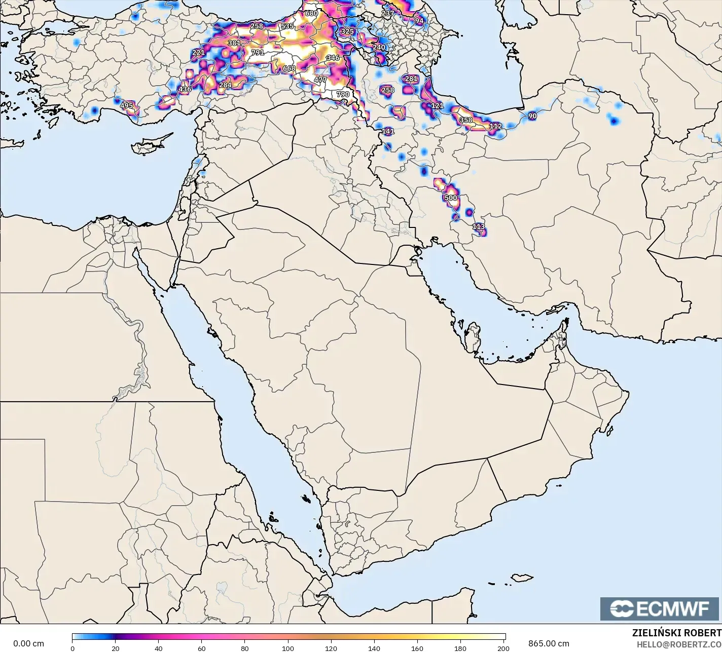 ECMWF IFS 0,25° modelo - Oriente Médio, Profundidade da neve
