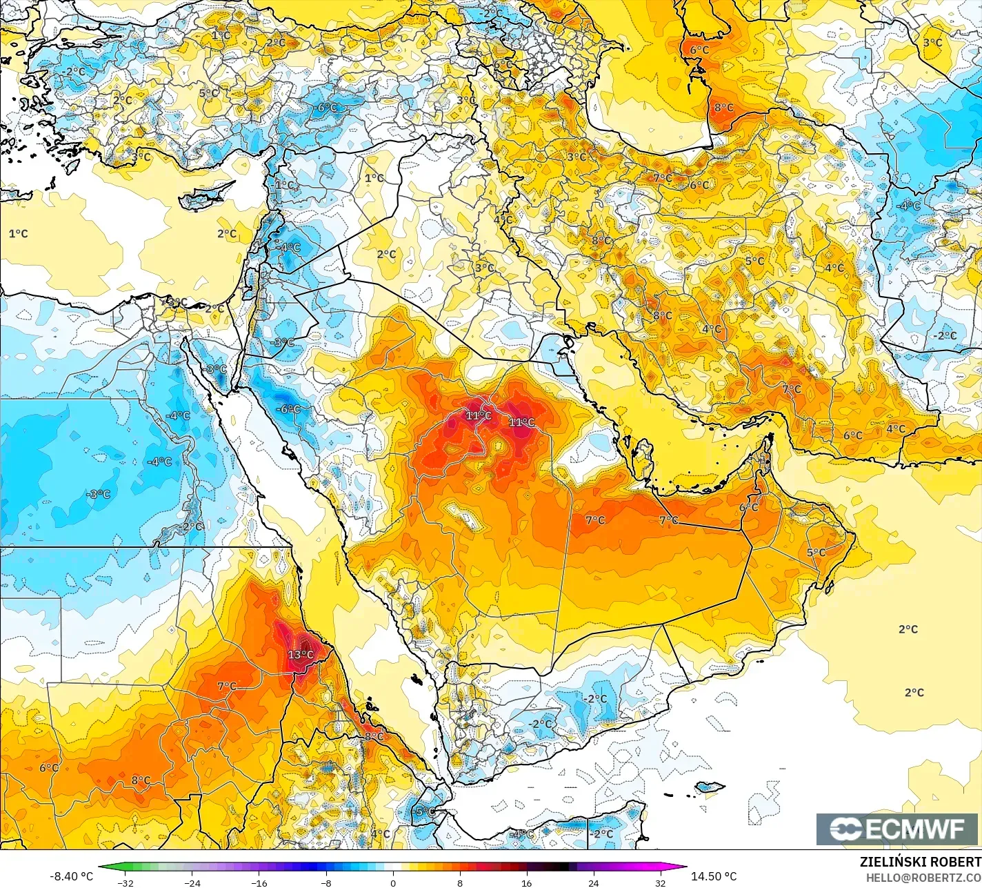 ECMWF IFS 0,25° modelo - Oriente Médio, Anomalia de temperatura a 2 m