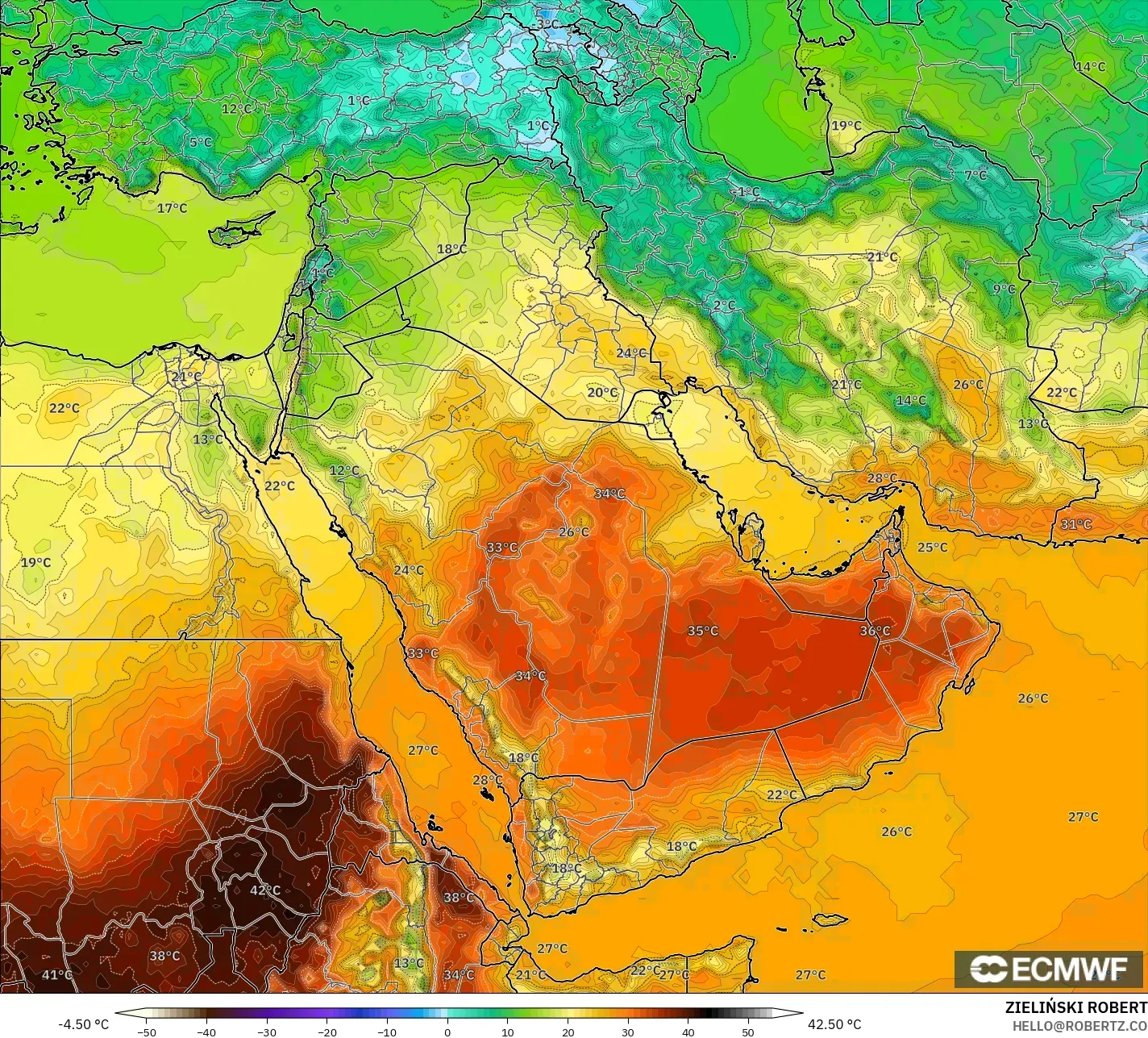 ECMWF IFS 0,25° modelo - Oriente Médio, Temperatura a 2 m